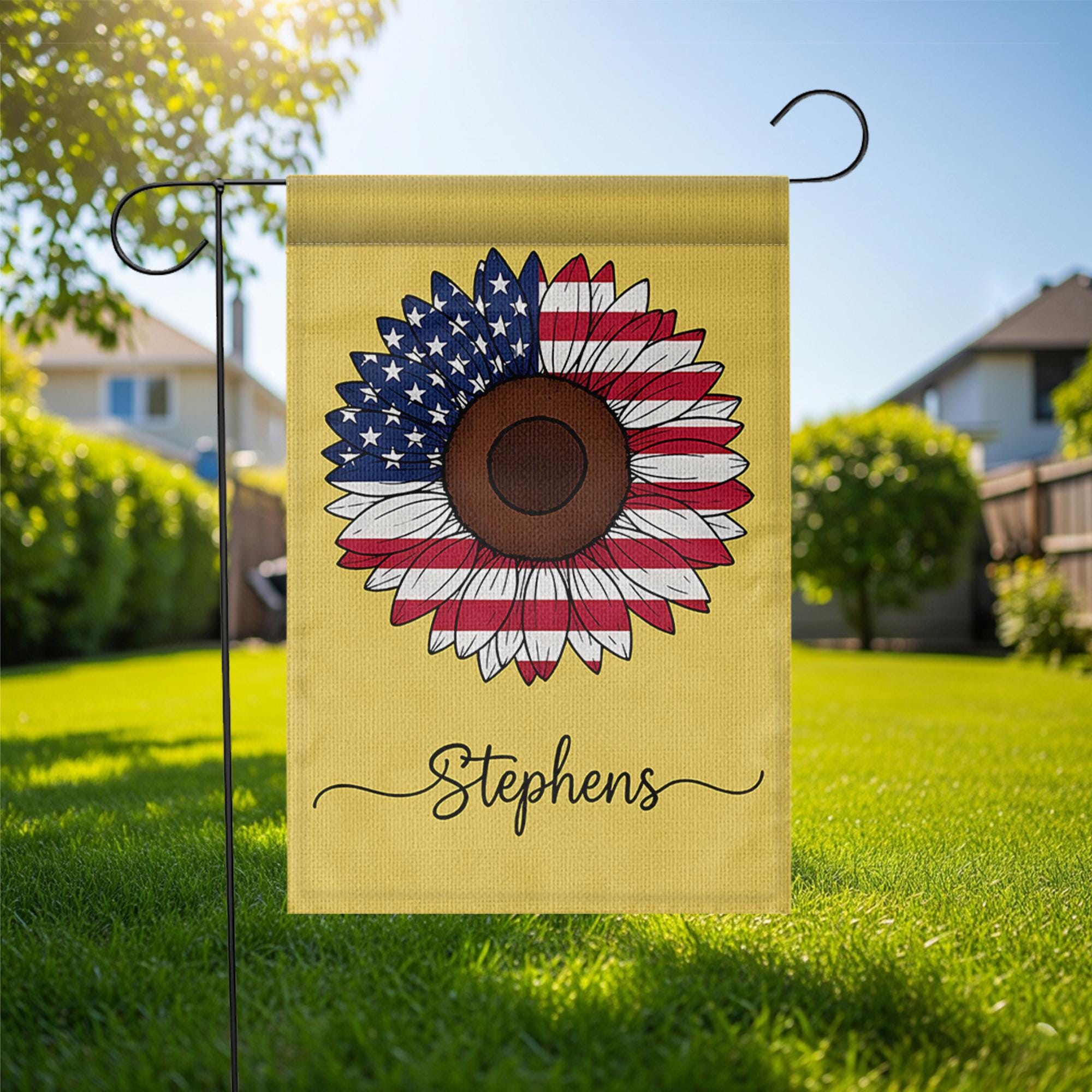 Personalized Patriotic Sunflower Garden Flag, Custom USA Name Yard Decor, 4th of July Outdoor Flag, American Floral Banner
