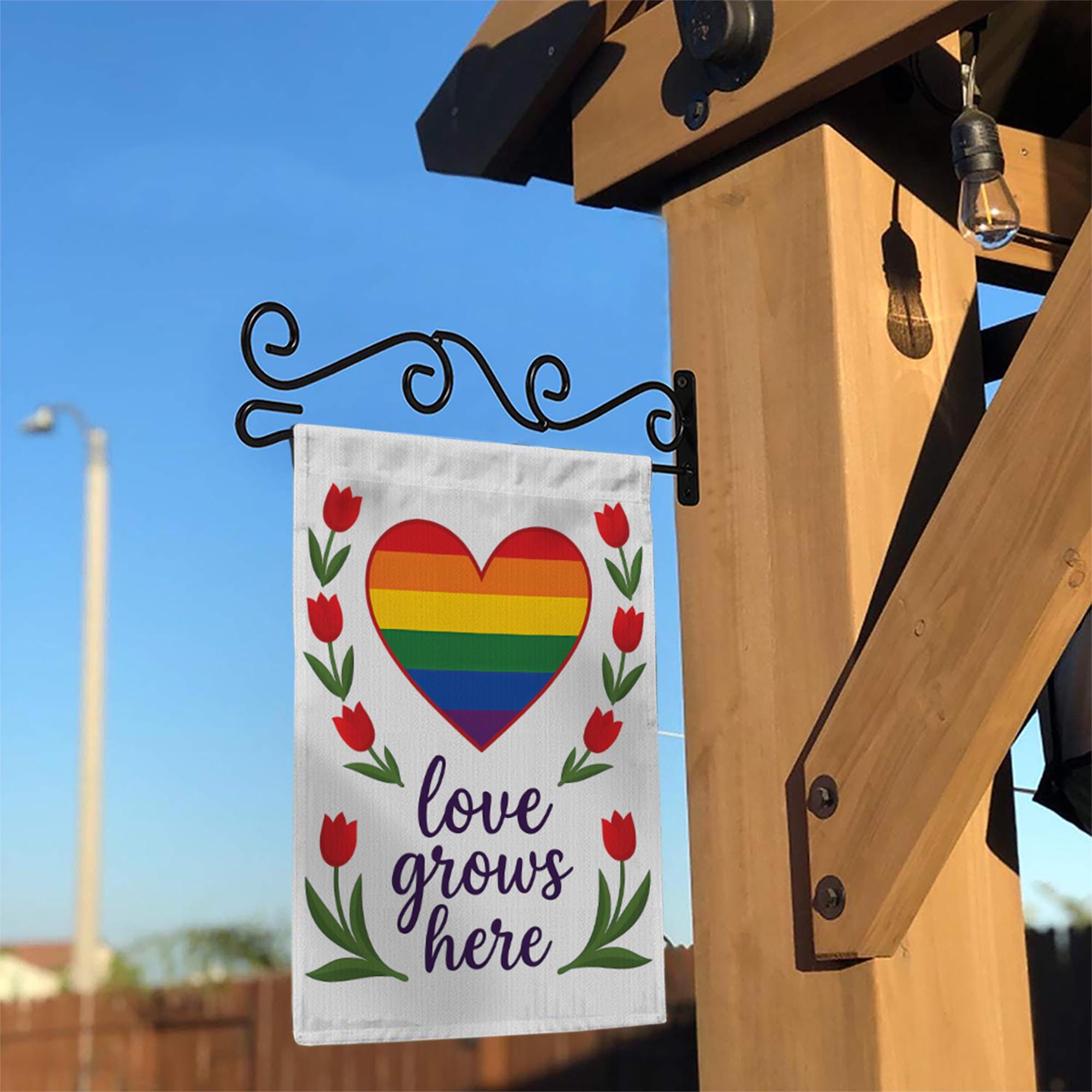 Love Grows Here Garden Flag – Rainbow Heart LGBTQ Yard Decor – Pride Month Outdoor Decoration – Inclusive Equality Lawn Banner