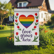 Love Grows Here Garden Flag – Rainbow Heart LGBTQ Yard Decor – Pride Month Outdoor Decoration – Inclusive Equality Lawn Banner