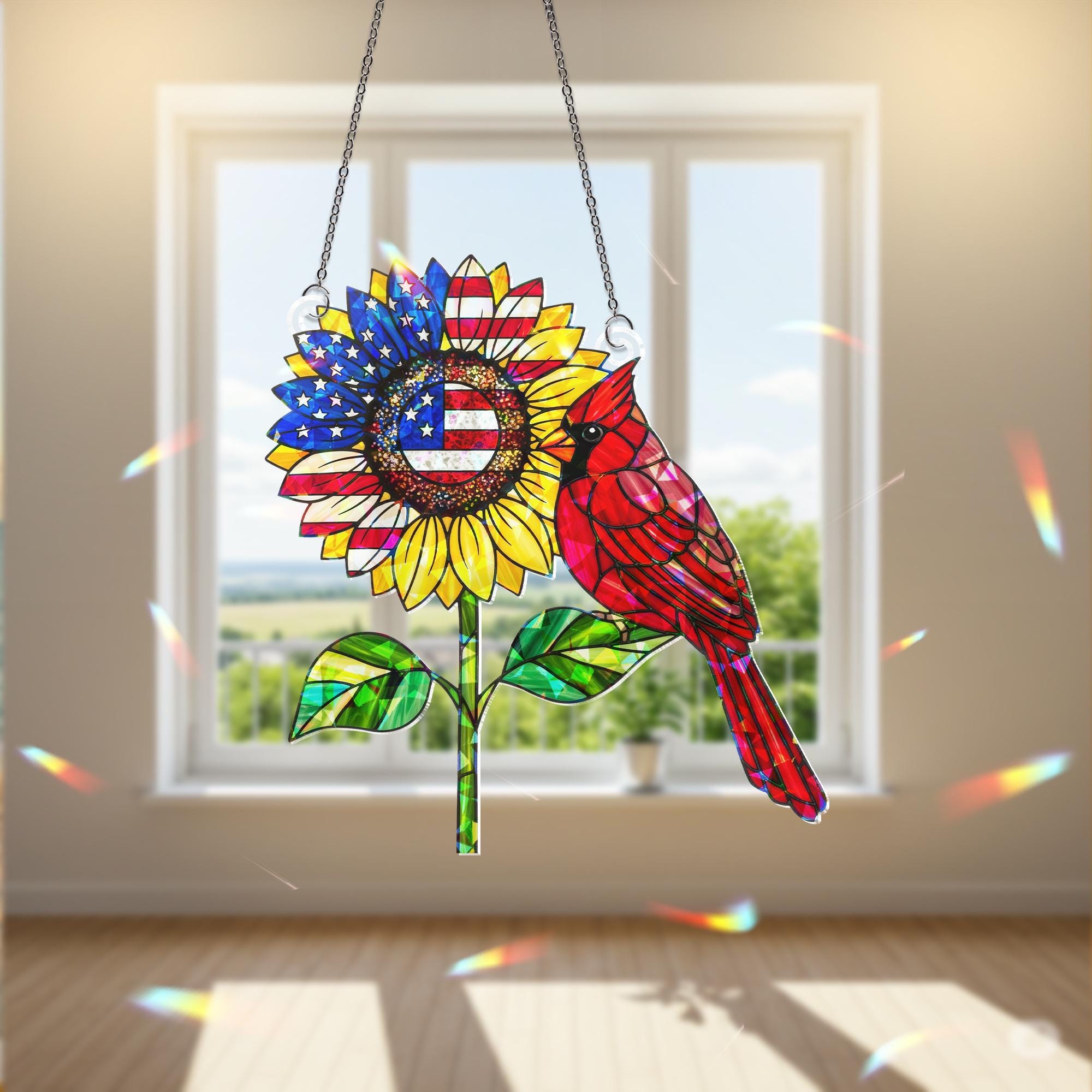 Patriotic Cardinal Sunflower Hologram Decor, USA Holographic Window Decor, 4th of July Hanging Ornament, Red Bird Memorial Gift