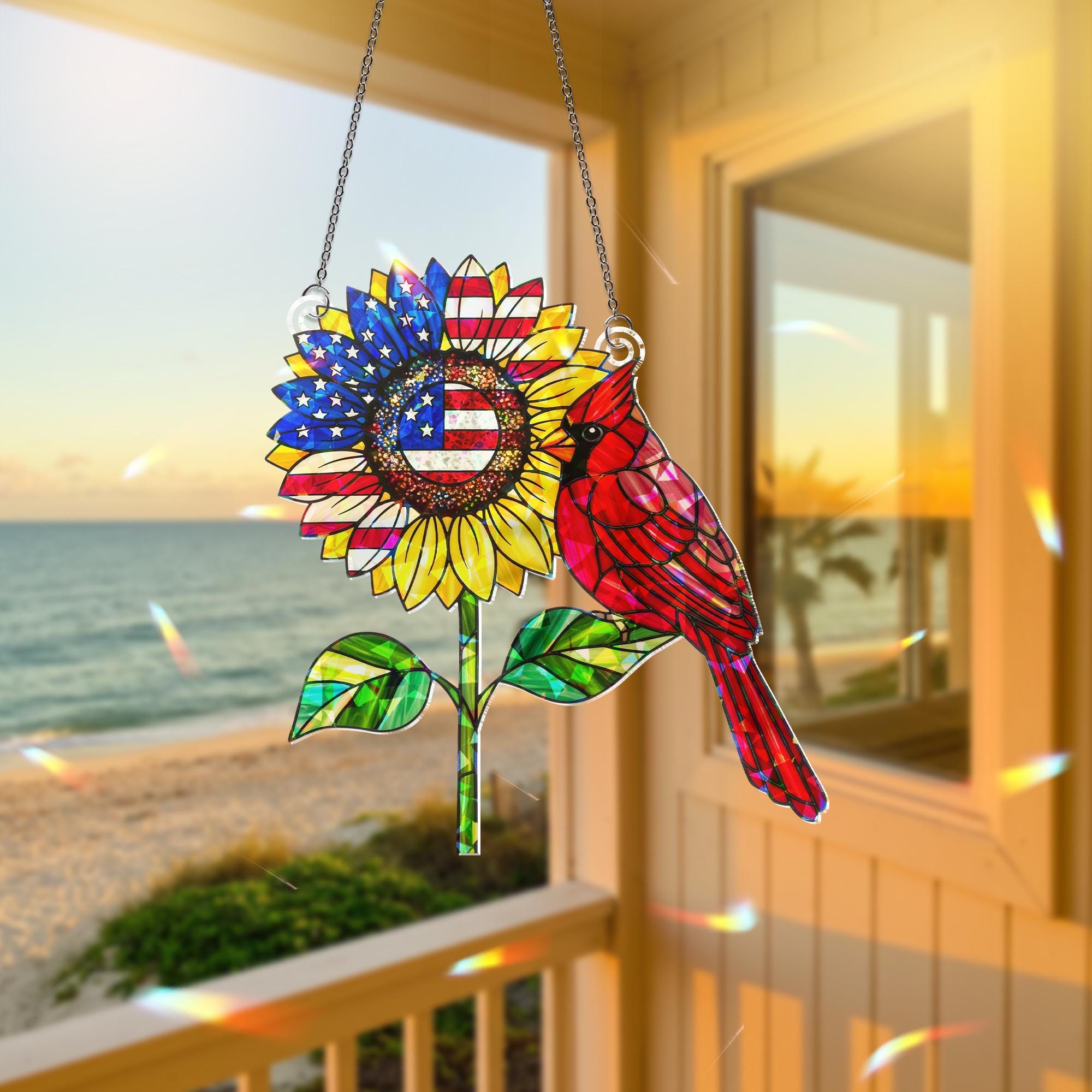 Patriotic Cardinal Sunflower Hologram Decor, USA Holographic Window Decor, 4th of July Hanging Ornament, Red Bird Memorial Gift