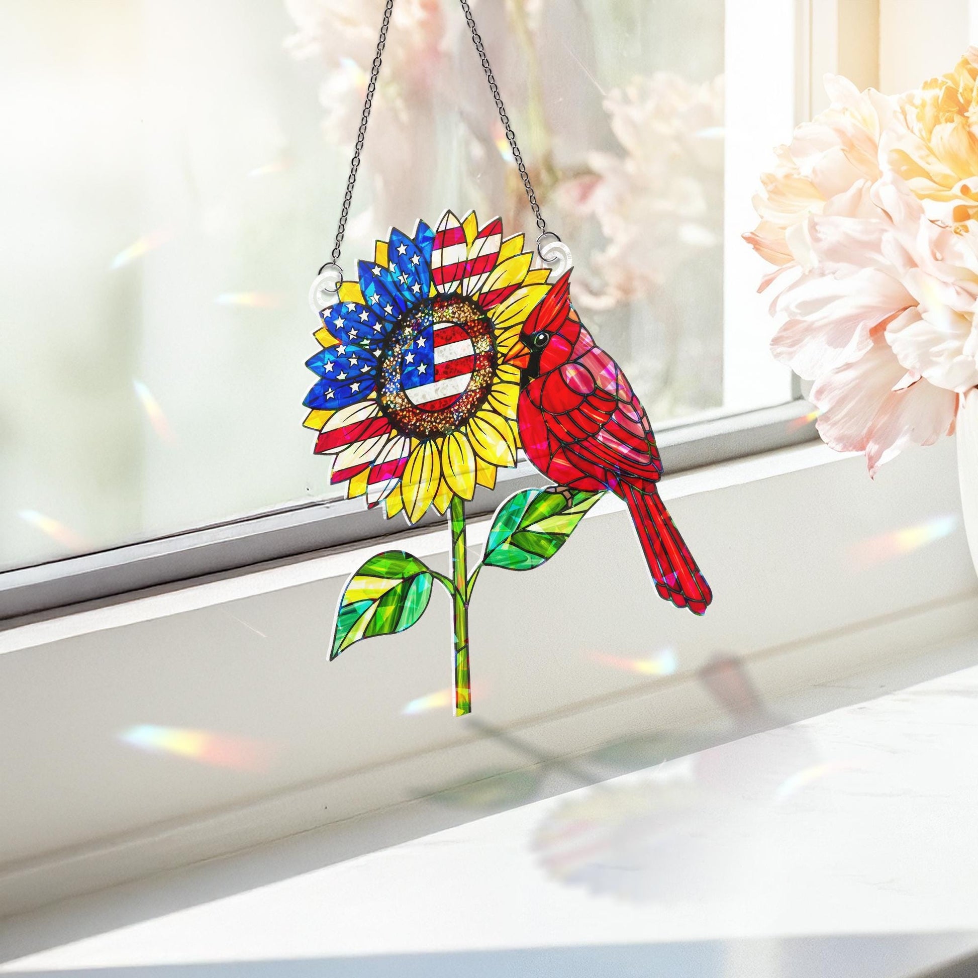 Patriotic Cardinal Sunflower Hologram Decor, USA Holographic Window Decor, 4th of July Hanging Ornament, Red Bird Memorial Gift