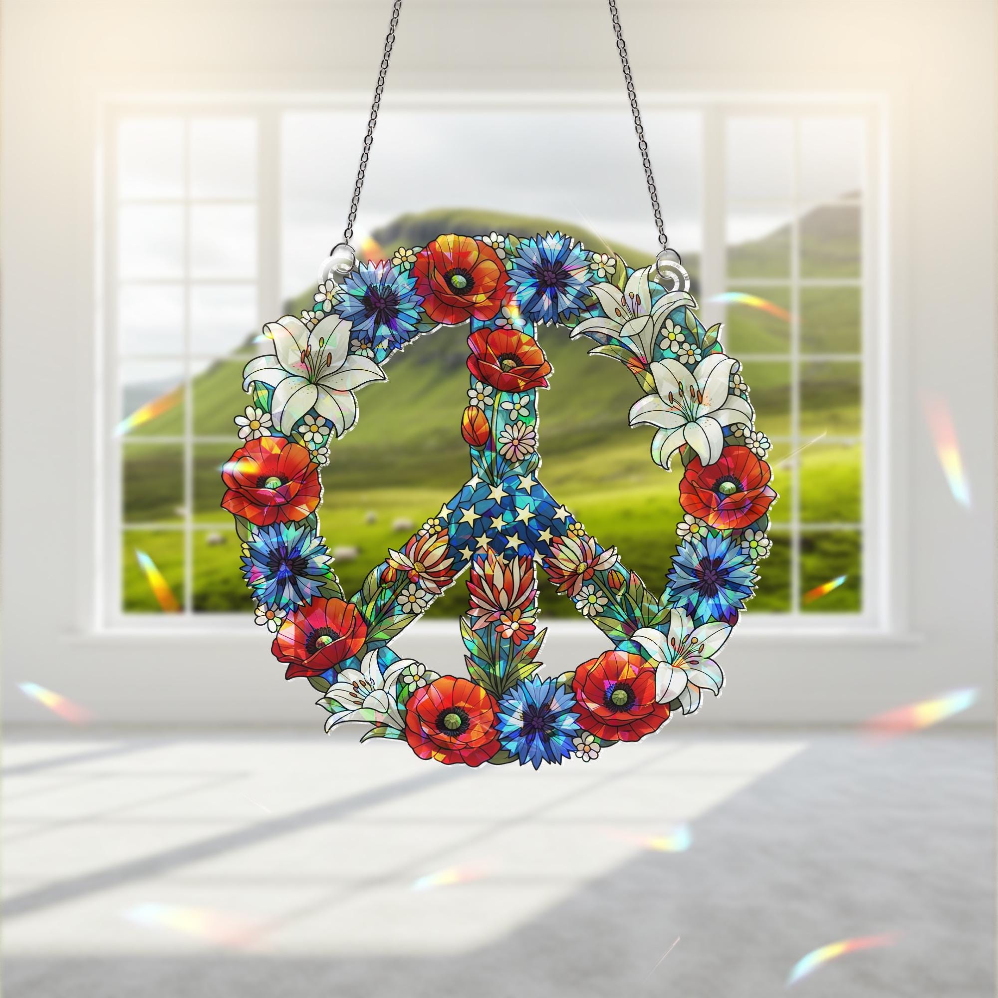 Patriotic Peace Sign Hologram Decor, Floral Window Hologram Decor, Red White Blue Hanging Art, 4th of July Peace Ornament