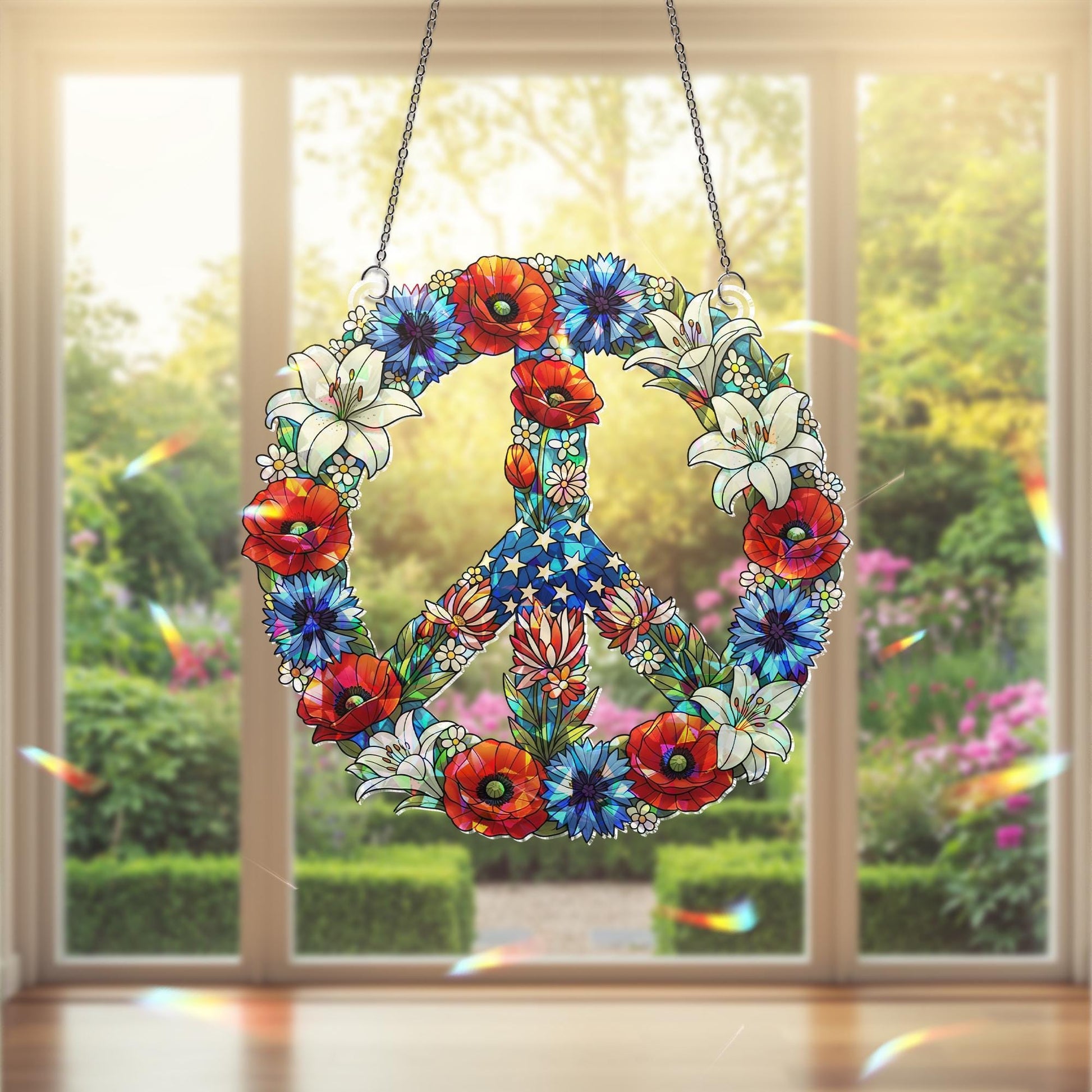 Patriotic Peace Sign Hologram Decor, Floral Window Hologram Decor, Red White Blue Hanging Art, 4th of July Peace Ornament