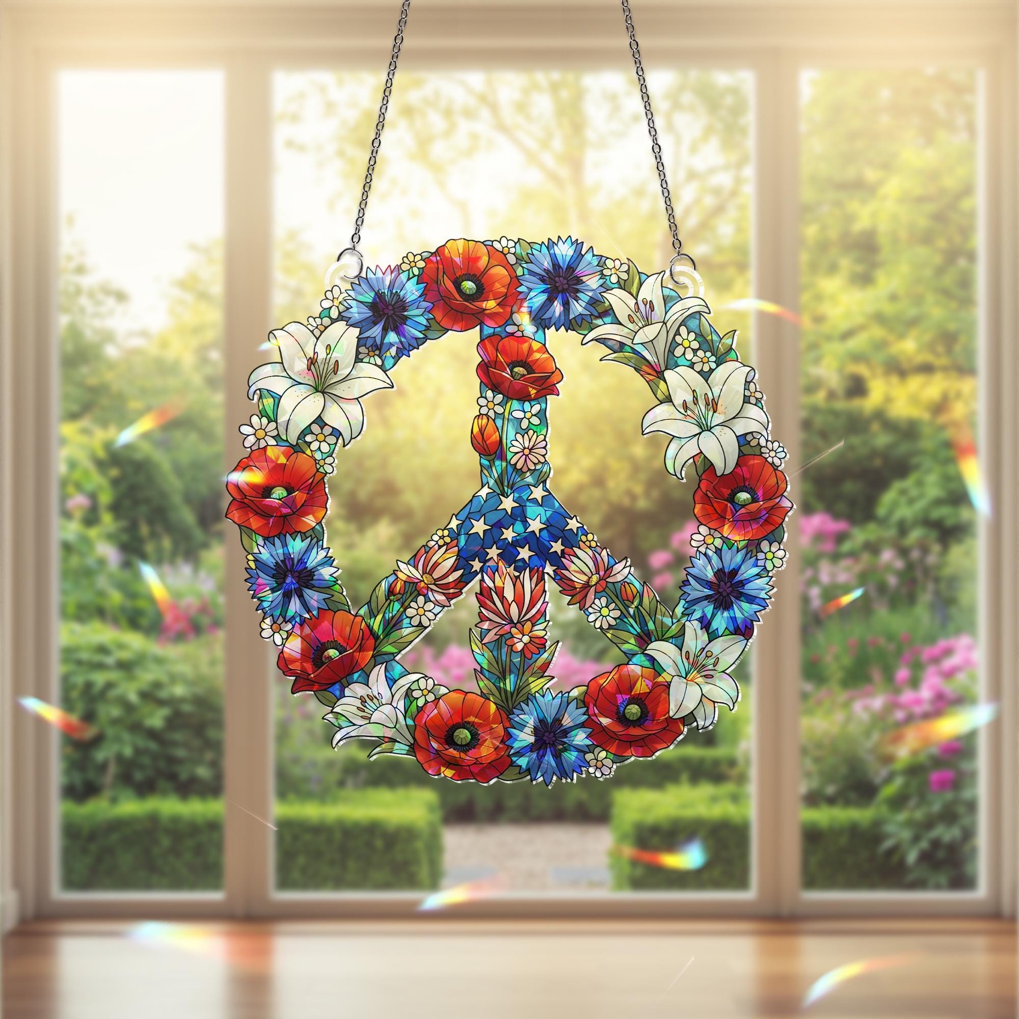 Patriotic Peace Sign Hologram Decor, Floral Window Hologram Decor, Red White Blue Hanging Art, 4th of July Peace Ornament