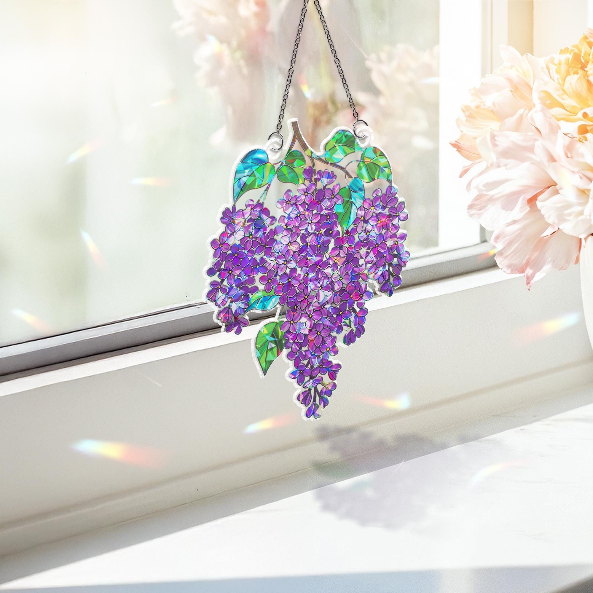 Holographic Purple Lilac Acrylic Suncatcher | Iridescent Window Hanging | Fauxed Stained Glass Decor | Boho Sun Catcher Gift