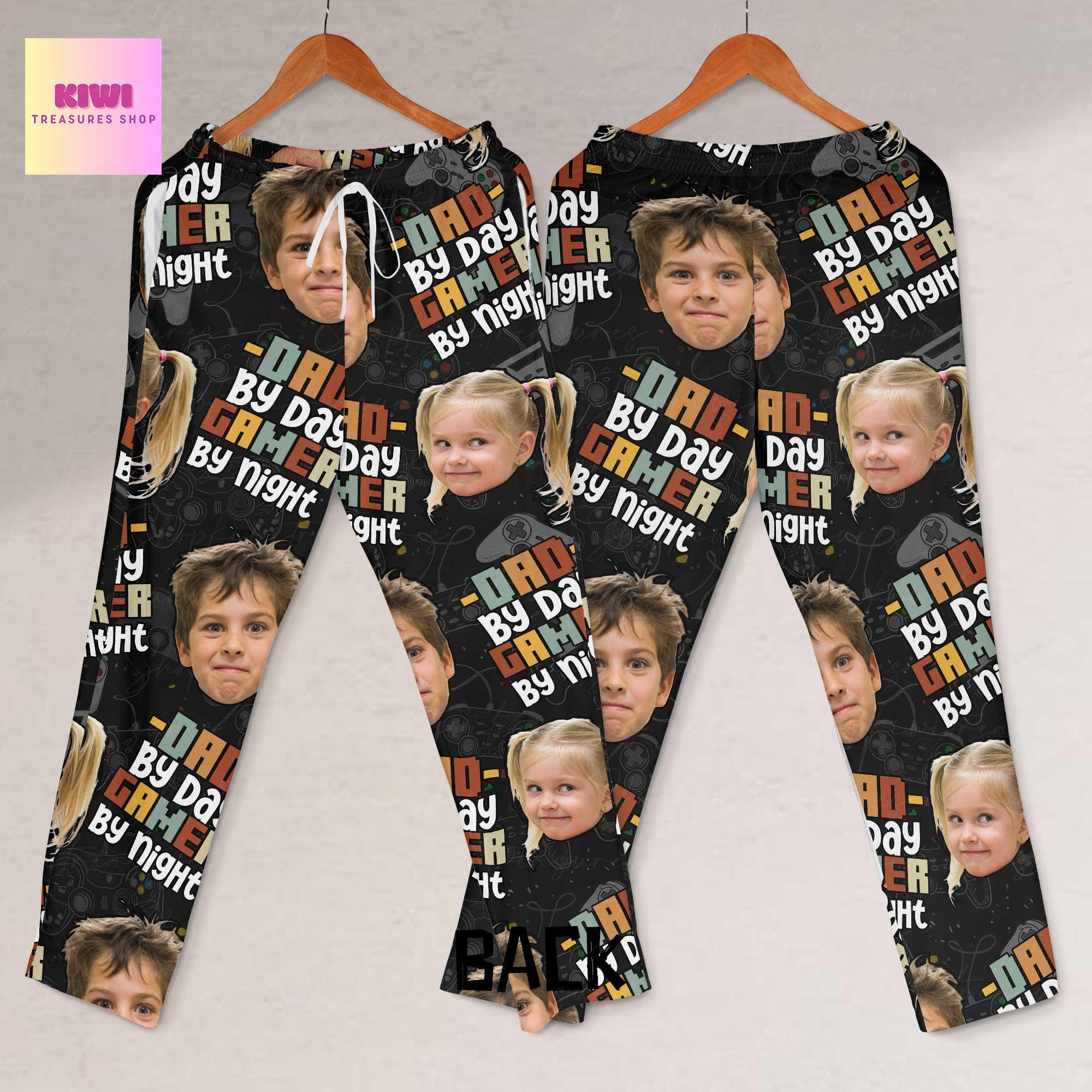 Custom Gamer Dad Pajama Pants – Dad by Day Gamer by Night Lounge Pants with Kid's Face, Funny Father's Day Gift, Personalized Sleepwear