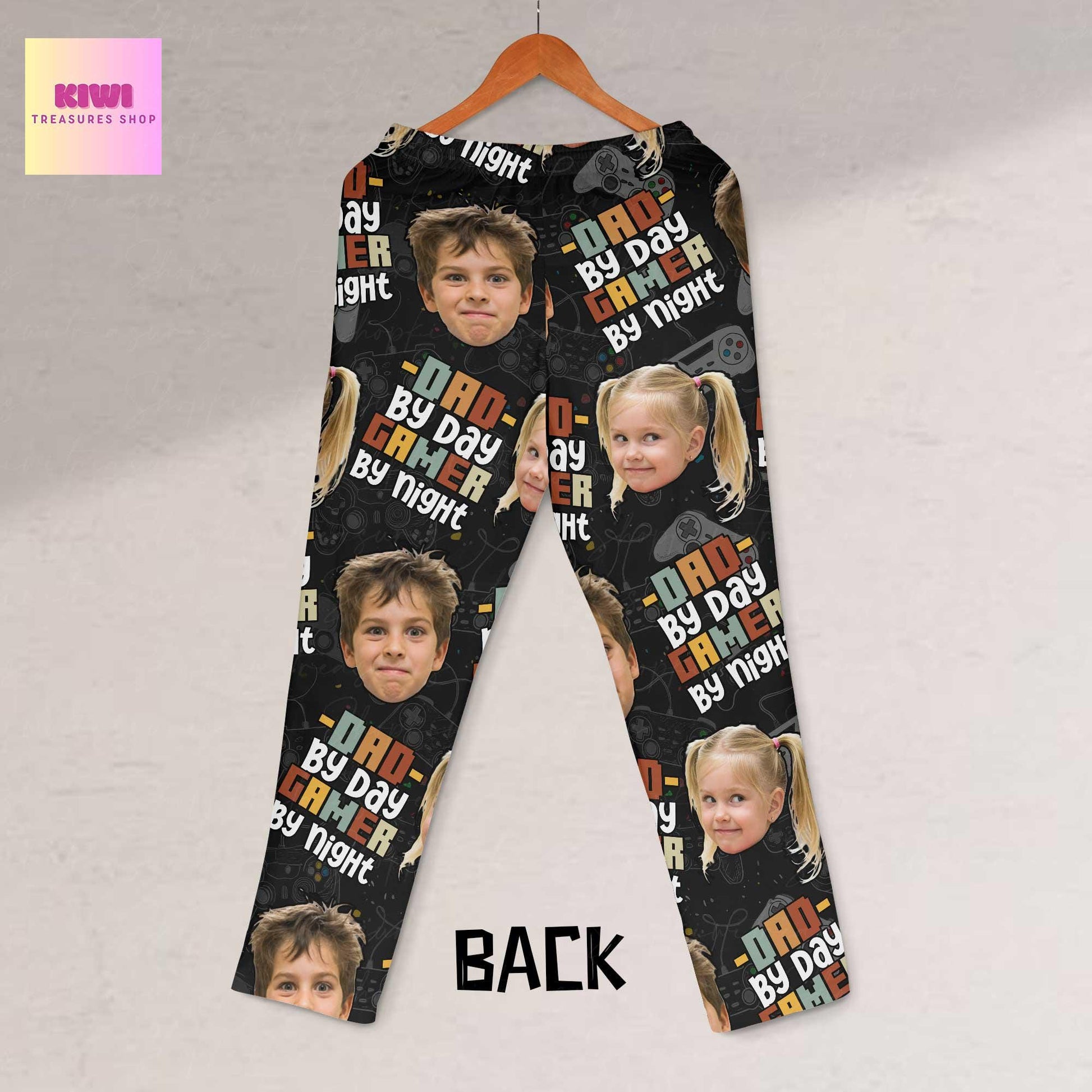 Custom Gamer Dad Pajama Pants – Dad by Day Gamer by Night Lounge Pants with Kid's Face, Funny Father's Day Gift, Personalized Sleepwear