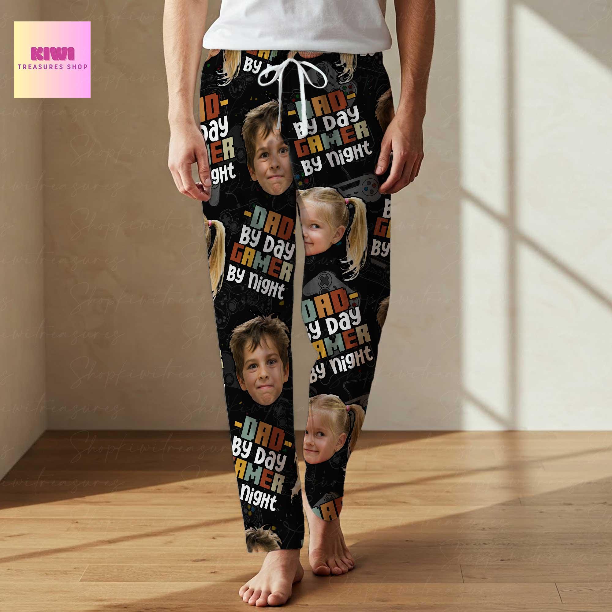 Custom Gamer Dad Pajama Pants – Dad by Day Gamer by Night Lounge Pants with Kid's Face, Funny Father's Day Gift, Personalized Sleepwear