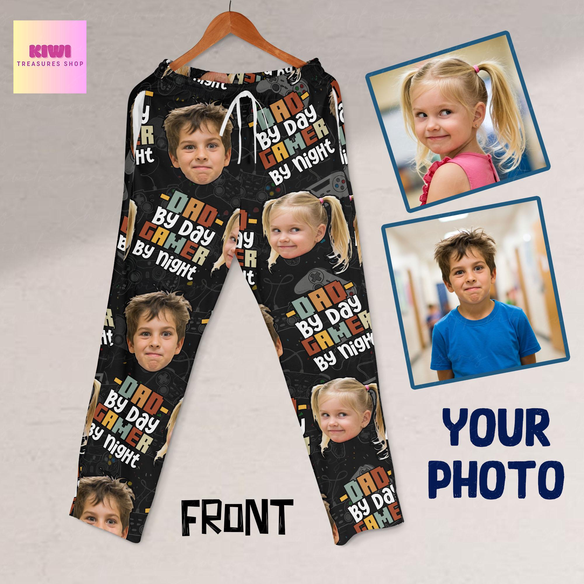 Custom Gamer Dad Pajama Pants – Dad by Day Gamer by Night Lounge Pants with Kid's Face, Funny Father's Day Gift, Personalized Sleepwear