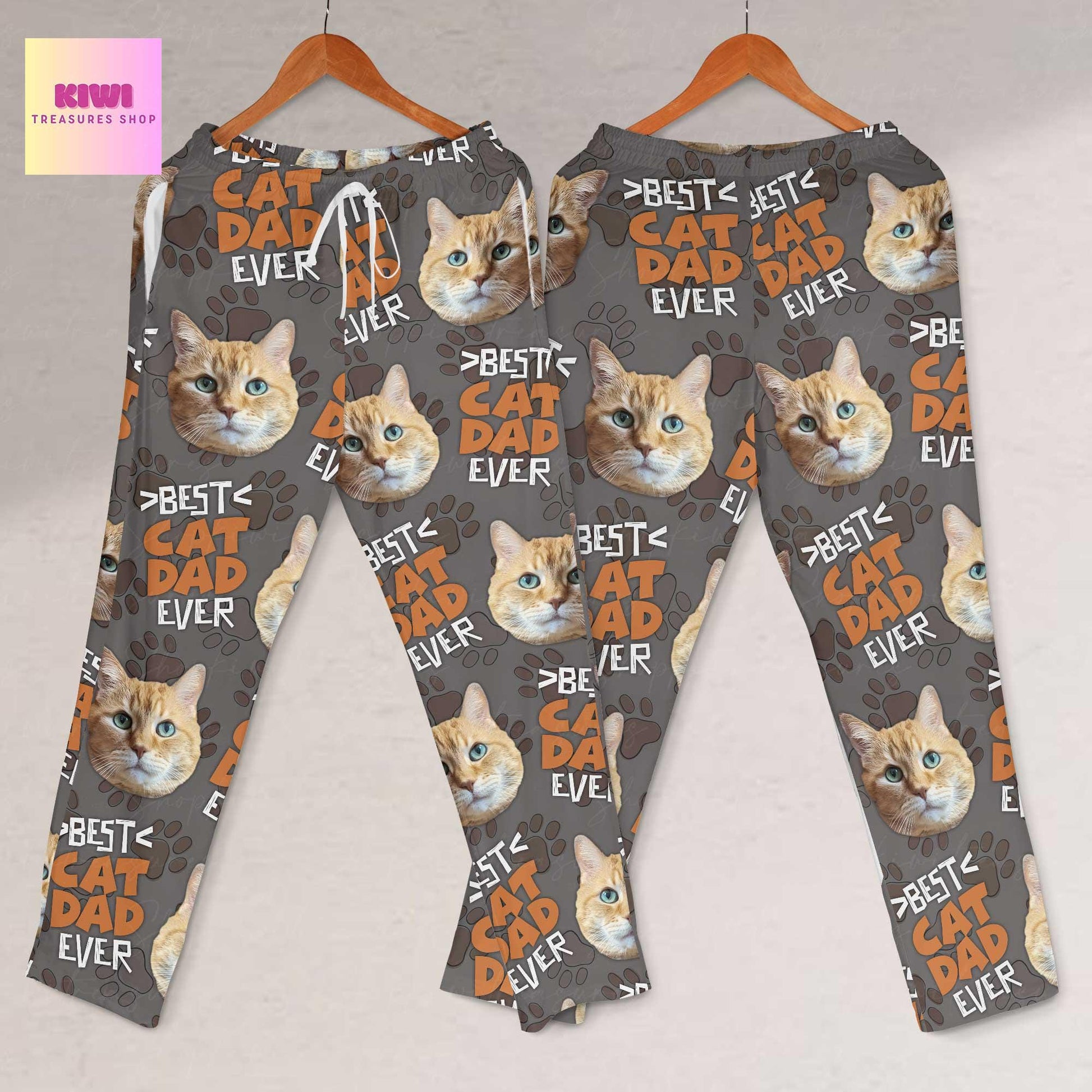 Best Cat Dad Ever Pajama Pants – Custom Cat Face Lounge Pants for Him, Funny Cat Lover Gift, Personalized Unisex Sleepwear for Pet Dads