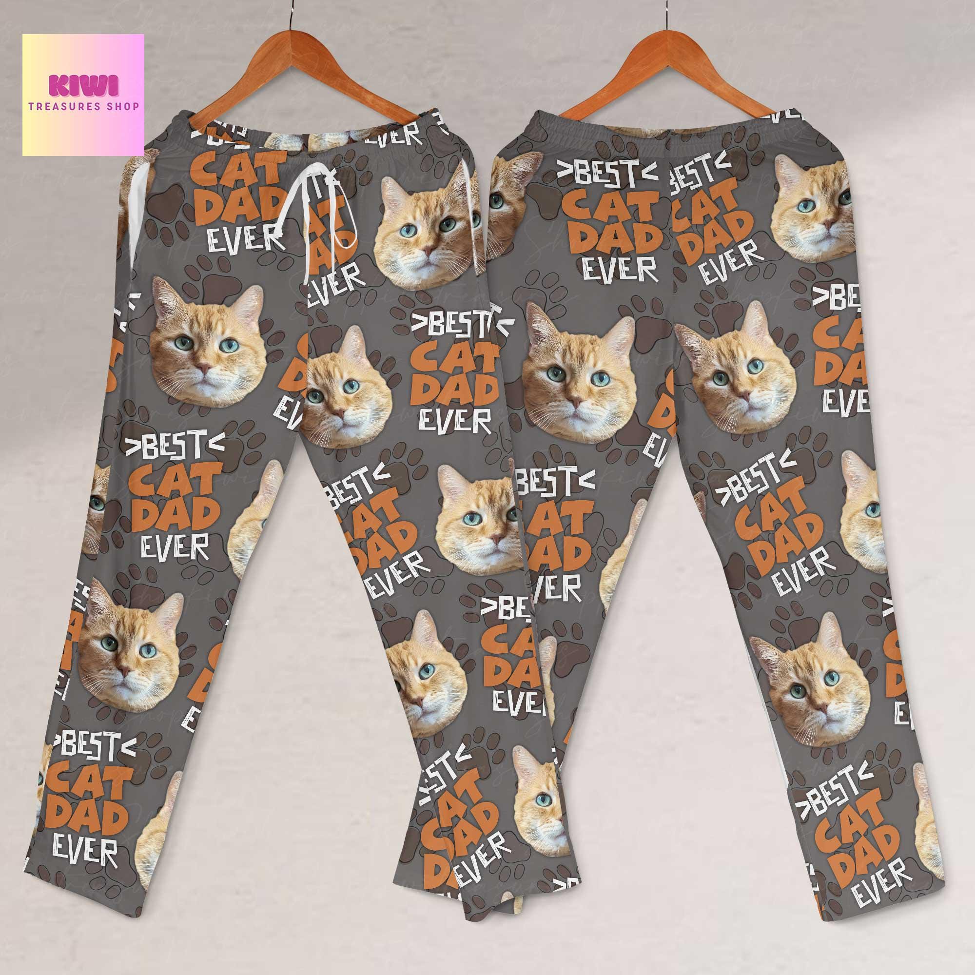 Best Cat Dad Ever Pajama Pants – Custom Cat Face Lounge Pants for Him, Funny Cat Lover Gift, Personalized Unisex Sleepwear for Pet Dads