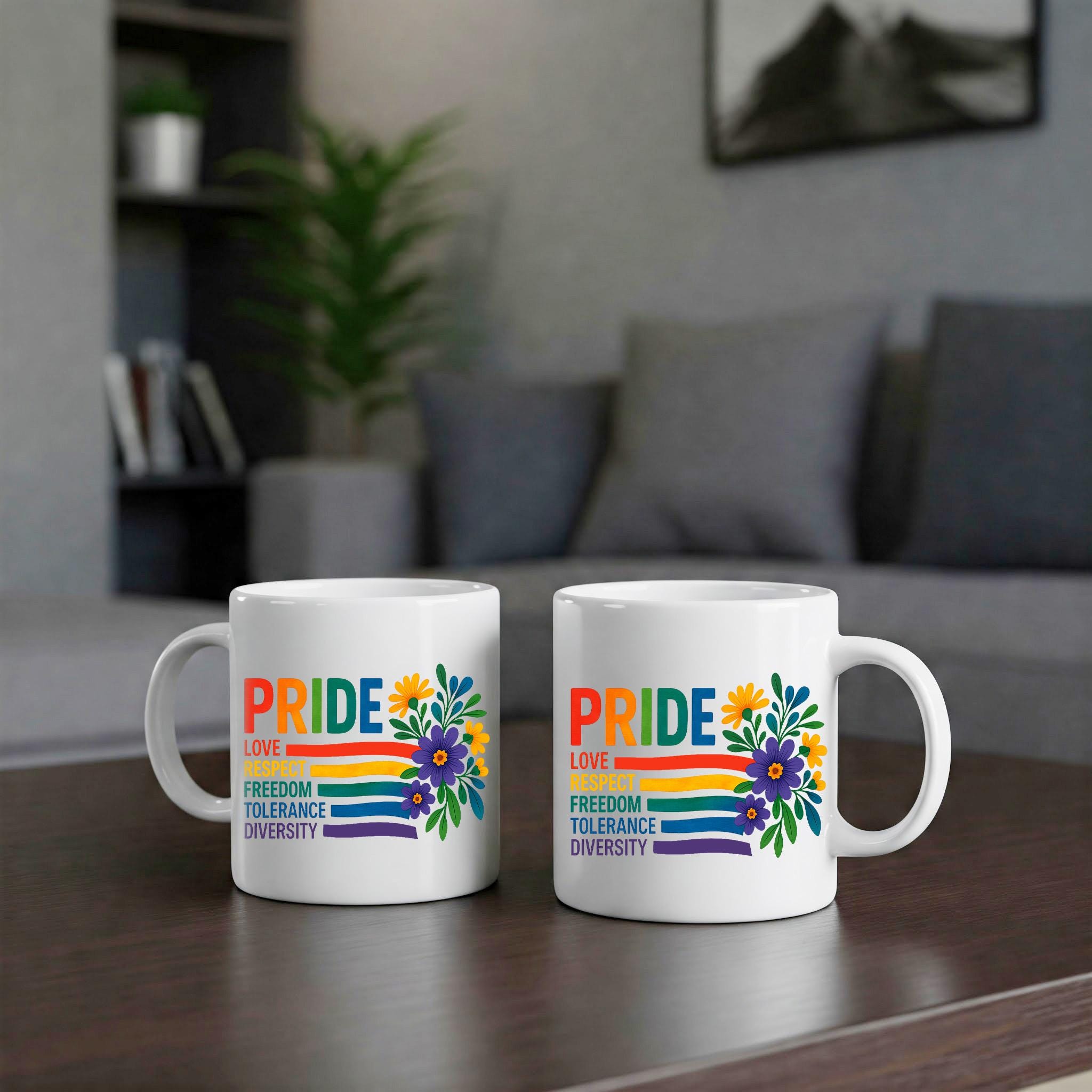 Pride Month Mug – LGBTQ+ Coffee Cup with Rainbow and Flowers – Love Respect Diversity Tolerance Equality Gift for Allies & Queers