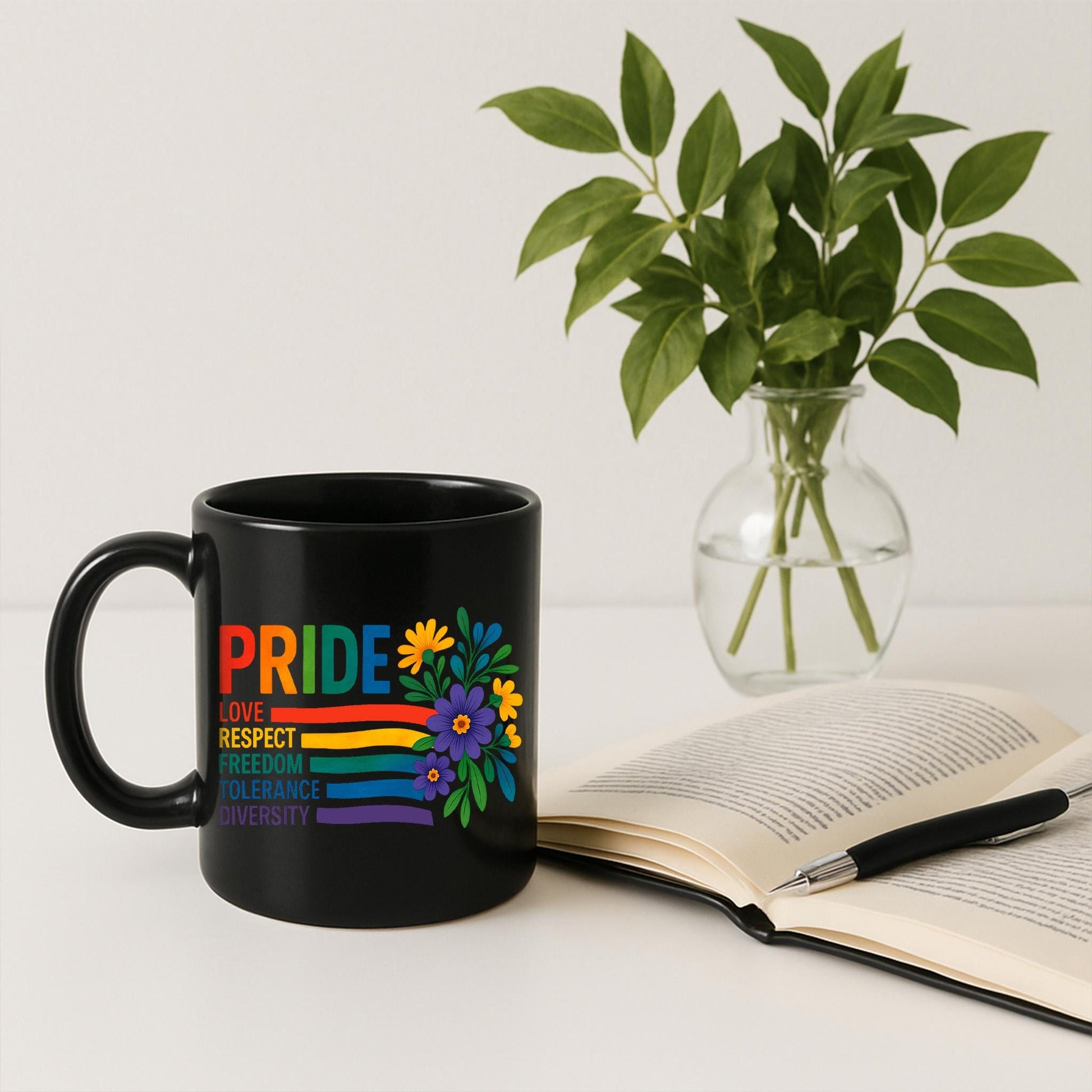 Pride Month Mug – LGBTQ+ Coffee Cup with Rainbow and Flowers – Love Respect Diversity Tolerance Equality Gift for Allies & Queers