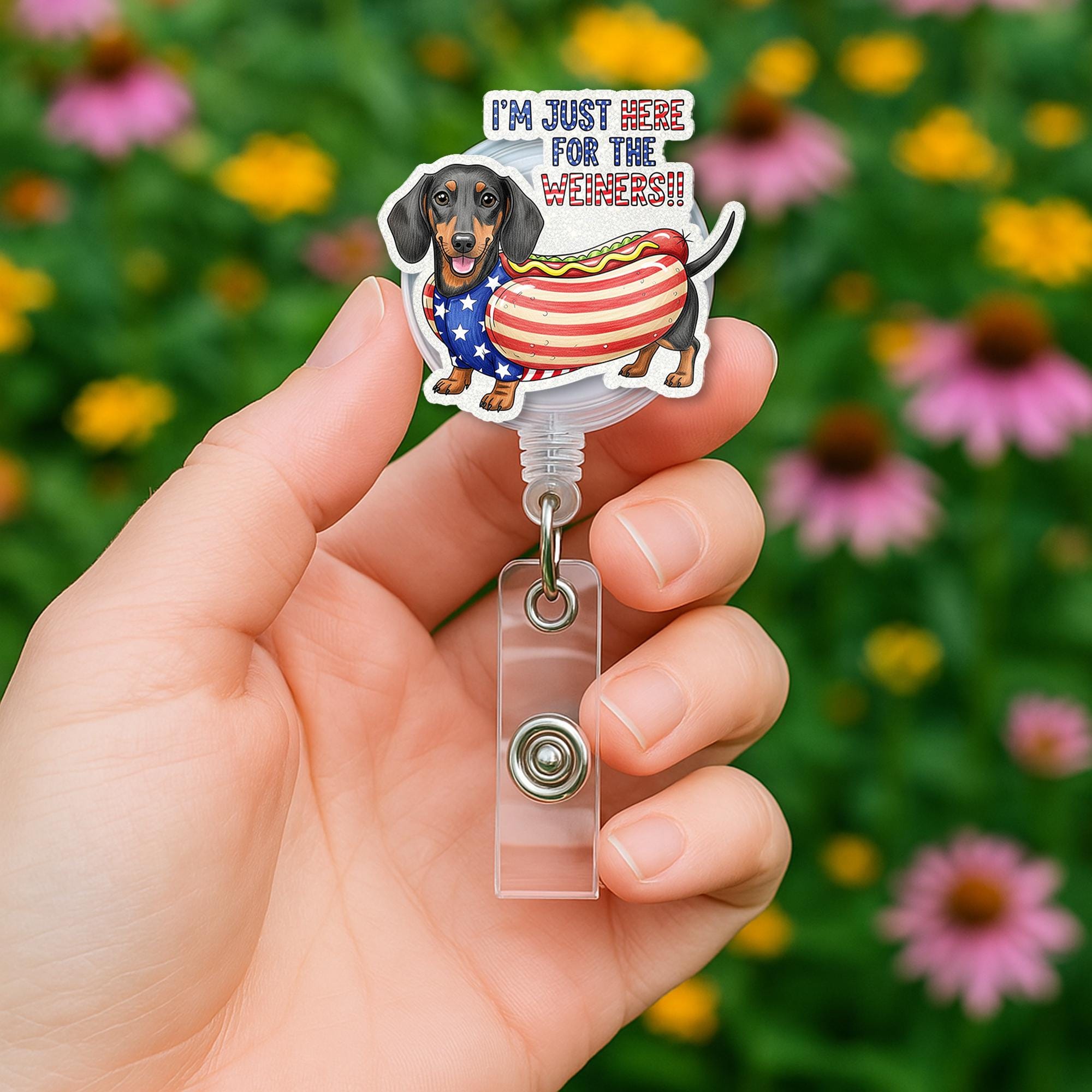Patriotic Dachshund Badge Reel, Funny 4th of July ID Holder, Hot Dog Nurse Badge Clip, Wiener Dog Retractable Badge Reel