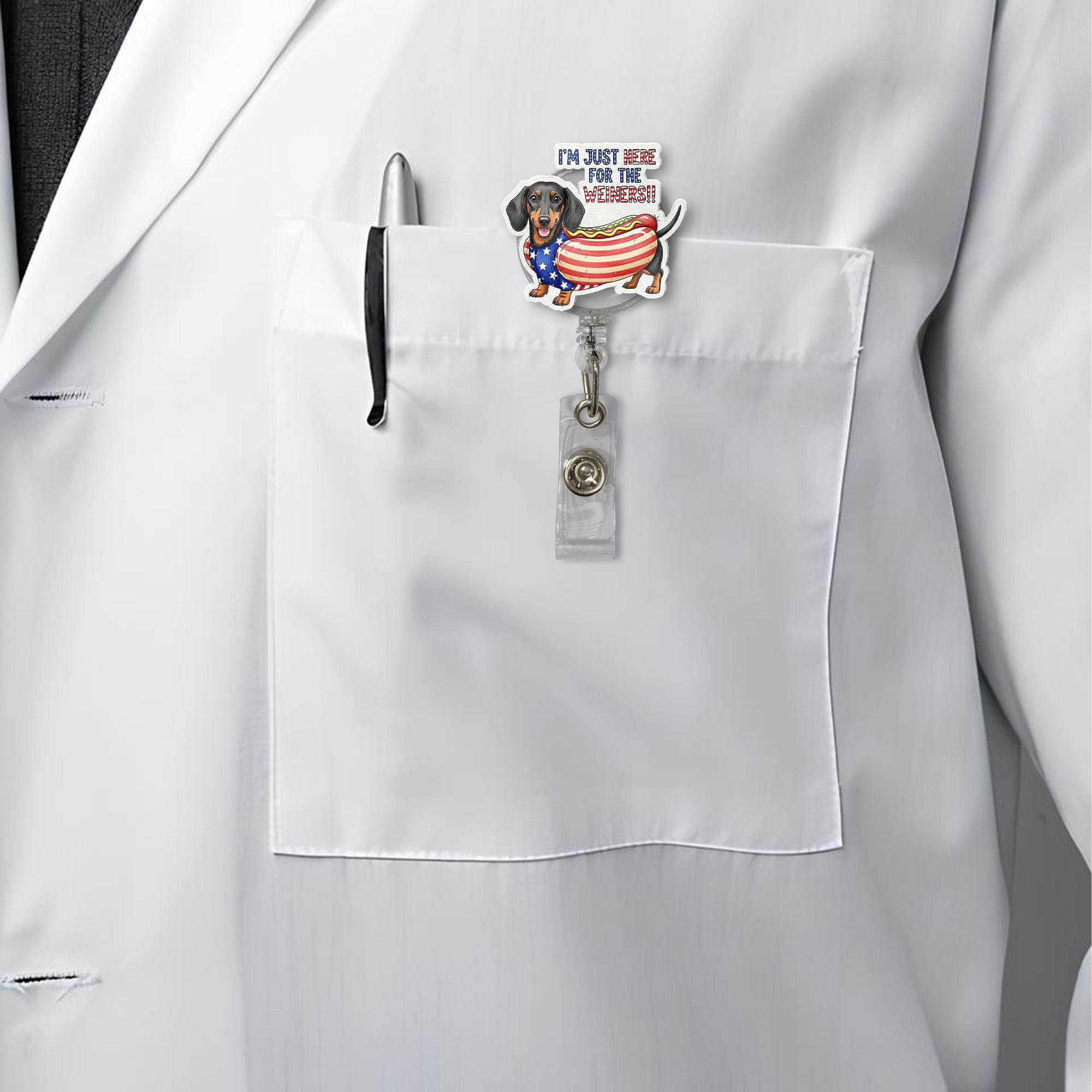 Patriotic Dachshund Badge Reel, Funny 4th of July ID Holder, Hot Dog Nurse Badge Clip, Wiener Dog Retractable Badge Reel