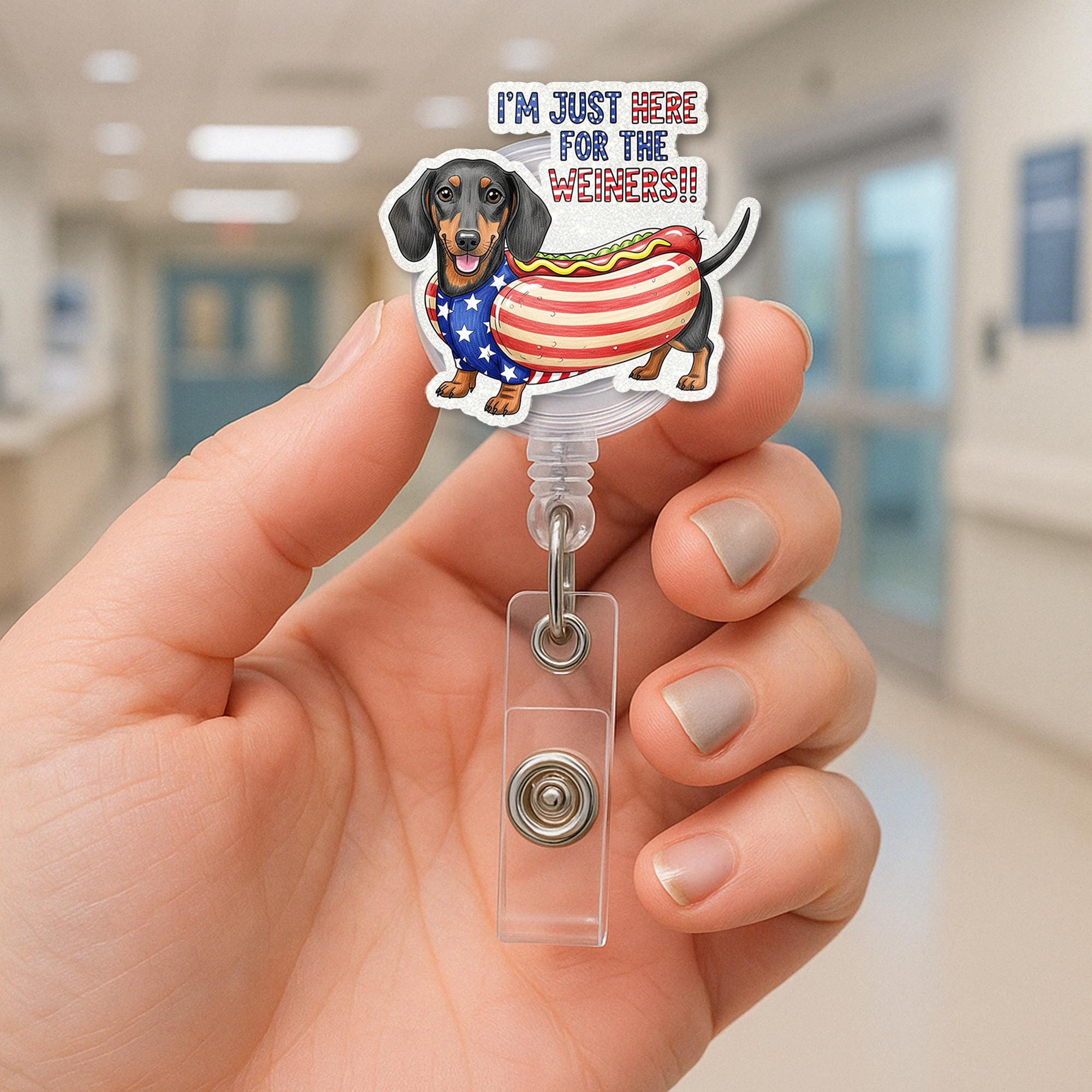 Patriotic Dachshund Badge Reel, Funny 4th of July ID Holder, Hot Dog Nurse Badge Clip, Wiener Dog Retractable Badge Reel