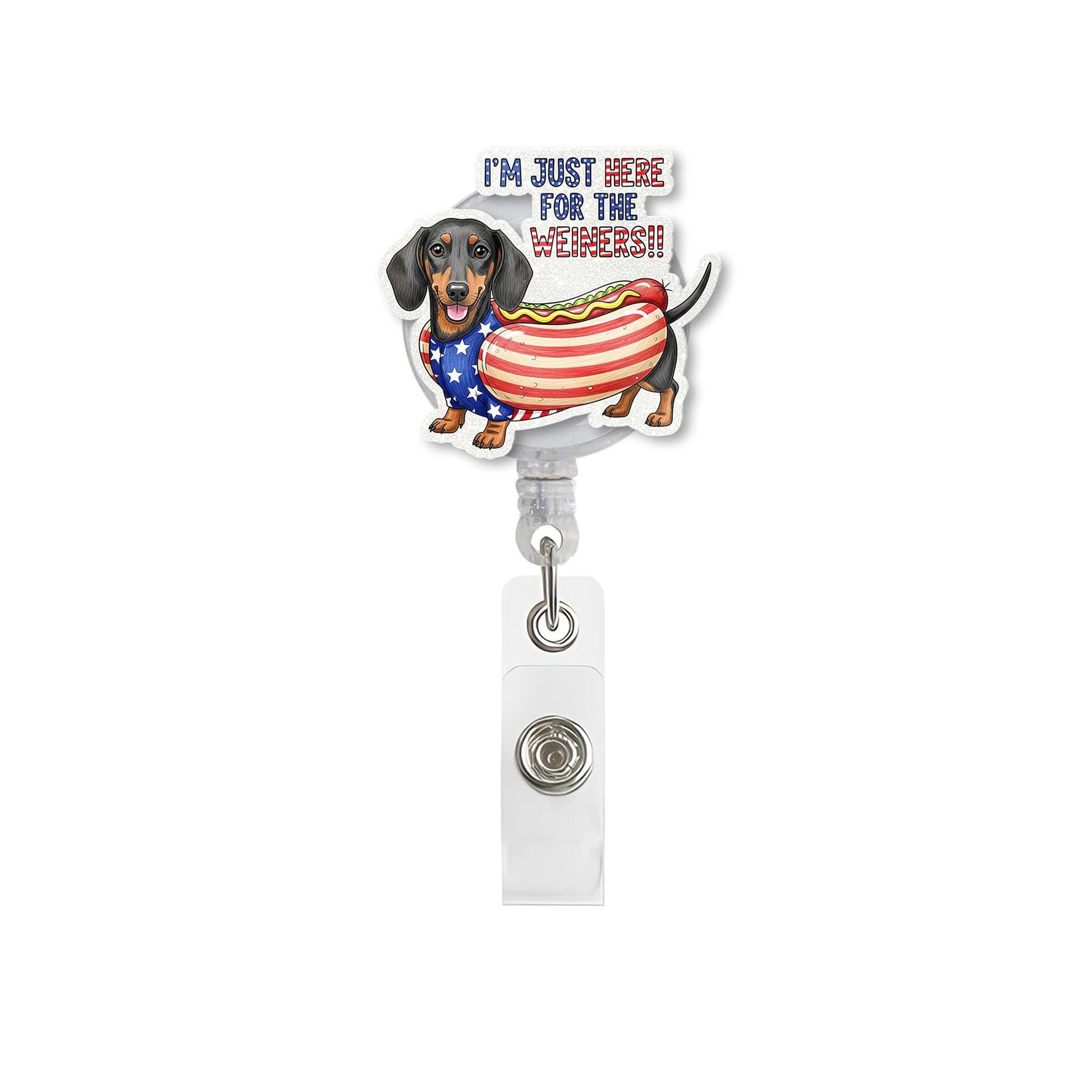 Patriotic Dachshund Badge Reel, Funny 4th of July ID Holder, Hot Dog Nurse Badge Clip, Wiener Dog Retractable Badge Reel