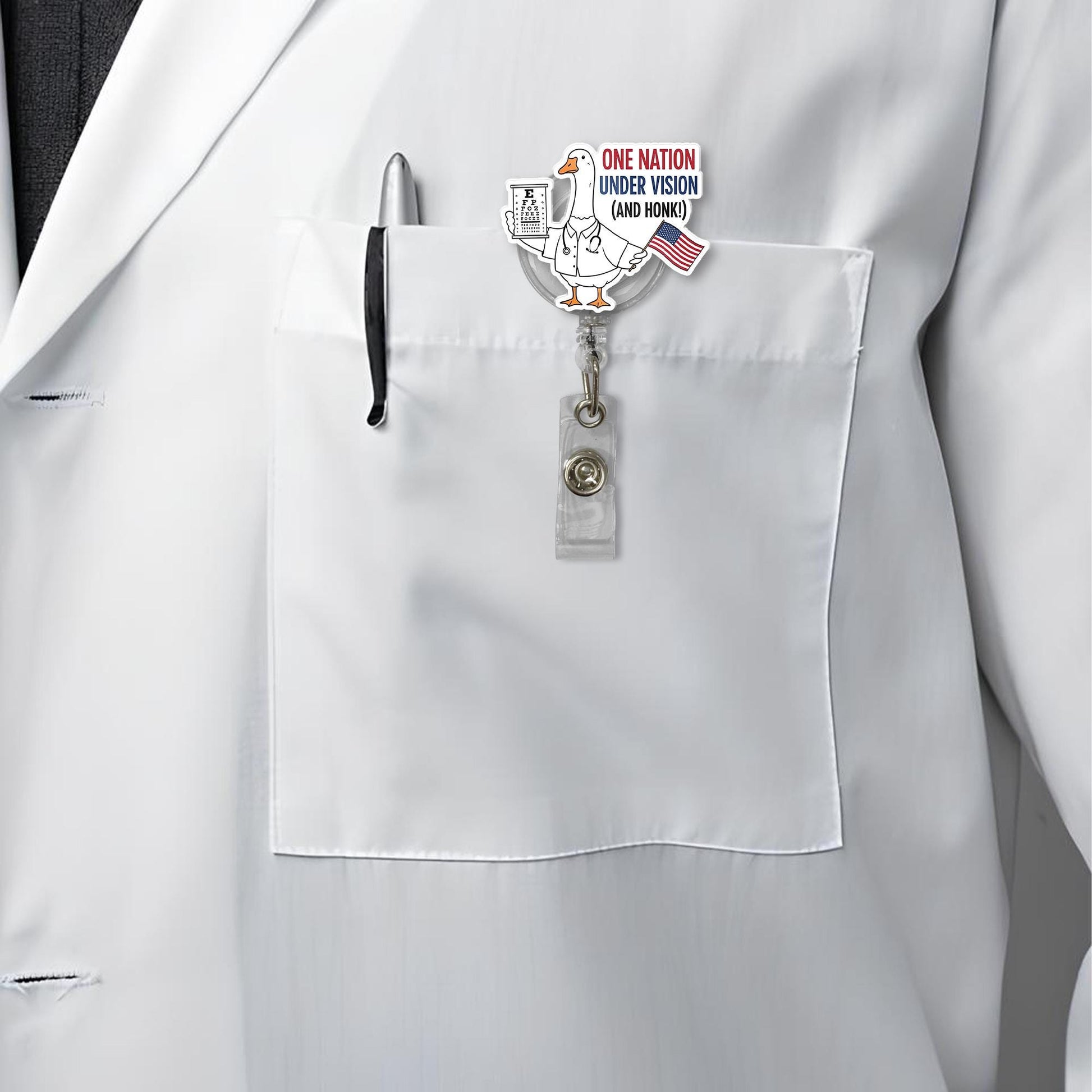 Funny Optometrist Badge Reel, Goose Eye Doctor ID Clip, Patriotic Vision Badge Holder, One Nation Under Vision Badge, Patriotic Eye Doctor