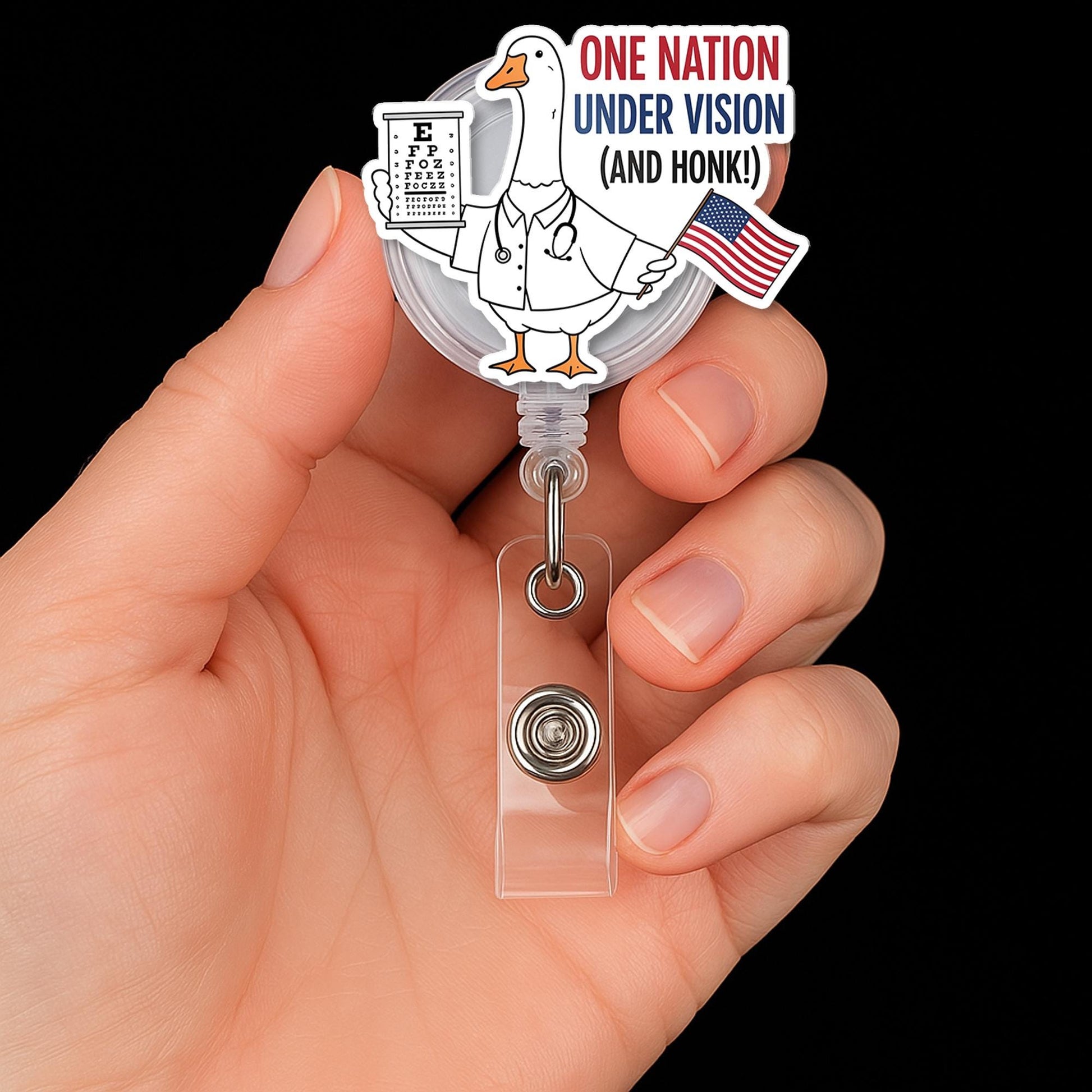 Funny Optometrist Badge Reel, Goose Eye Doctor ID Clip, Patriotic Vision Badge Holder, One Nation Under Vision Badge, Patriotic Eye Doctor