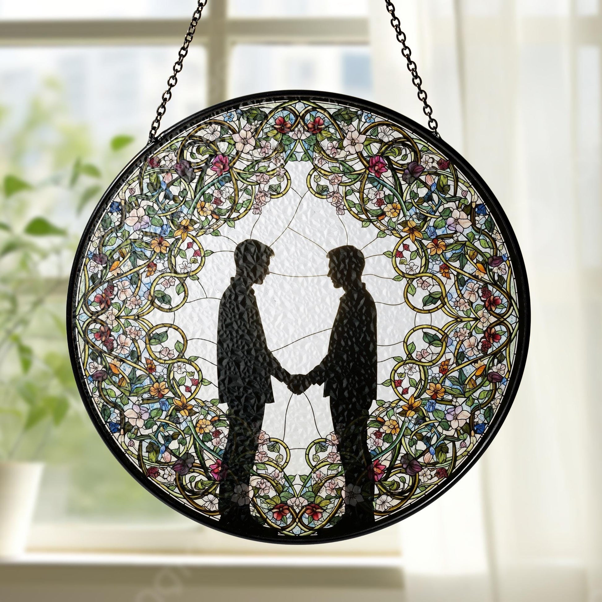 Gay Couple Glass Suncatcher – LGBTQ Stained Glass Window Art – Two Men Holding Hands Ornament – Wedding or Anniversary Pride Gift