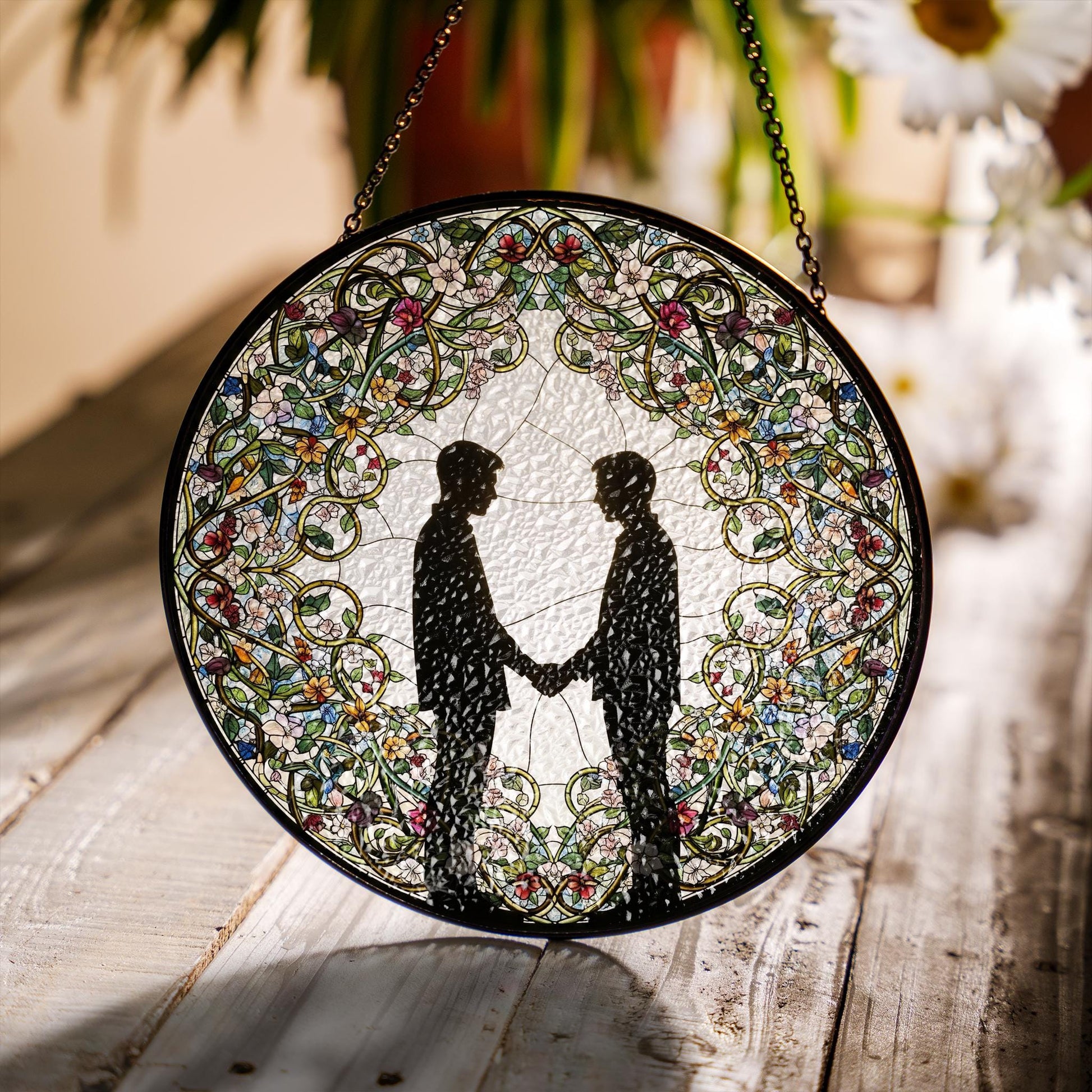 Gay Couple Glass Suncatcher – LGBTQ Stained Glass Window Art – Two Men Holding Hands Ornament – Wedding or Anniversary Pride Gift
