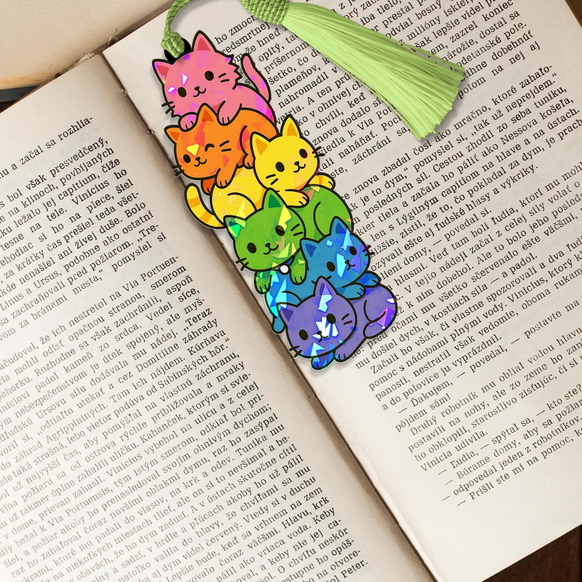 Rainbow Cat Holographic Bookmark – Cute LGBTQ Ally Book Lover Gift, Pride Kitty Tassel Bookmark, Kawaii Cat Reading Accessory