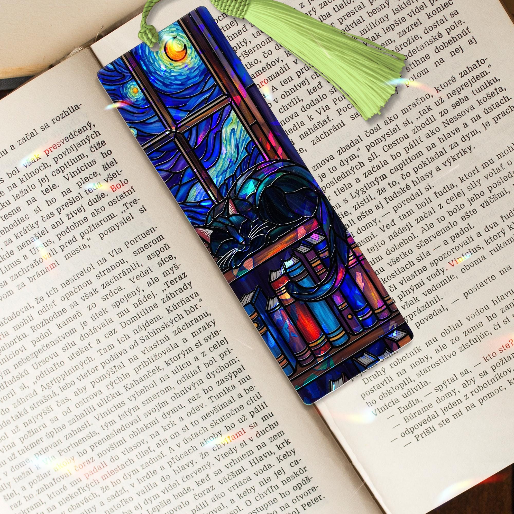 Holographic Cat Bookmark – Starry Night Acrylic Bookmark with Tassel, Book Lover Gift, Cozy Reading Accessory, Cat & Bookshelf Design