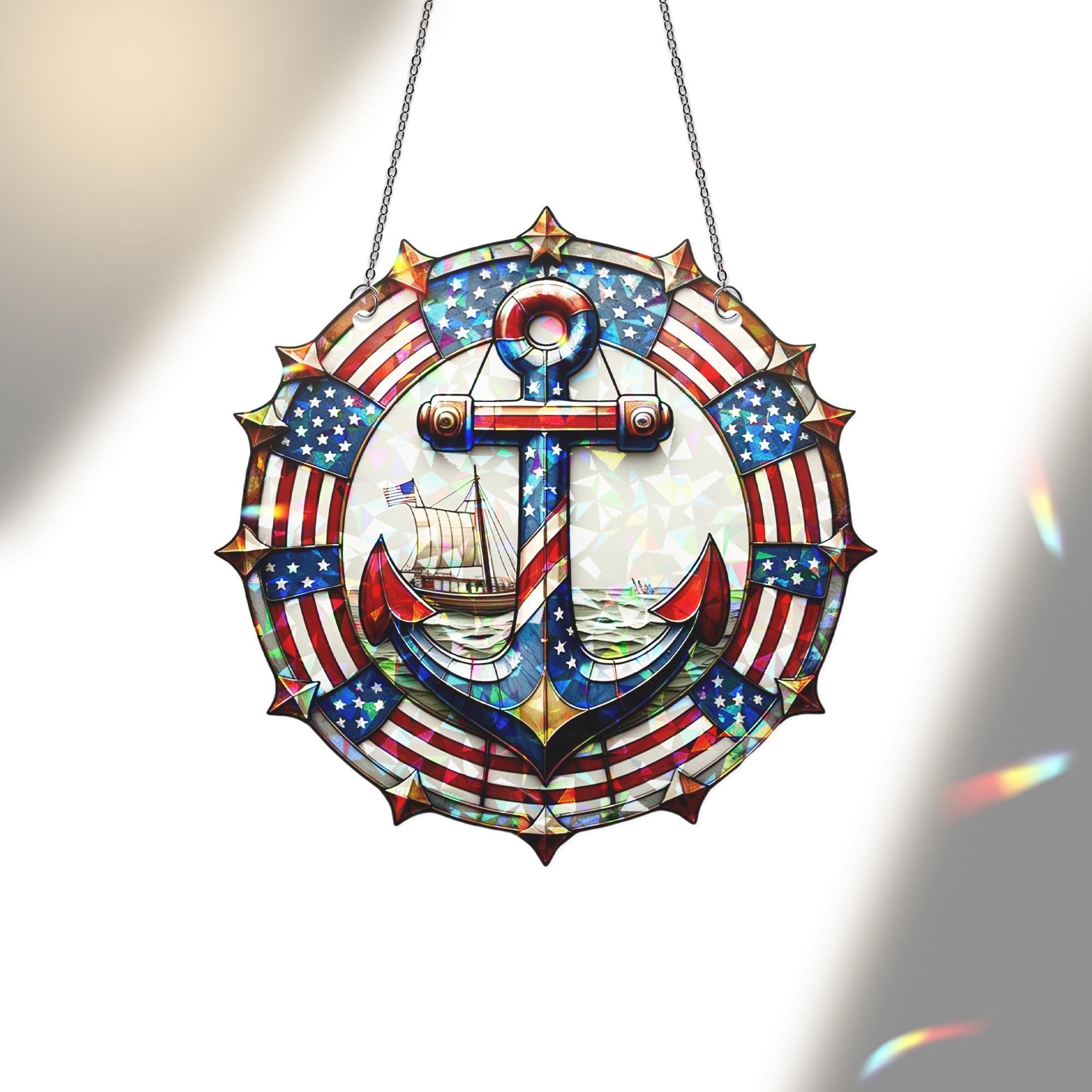 Patriotic Anchor Window Hanging – USA Flag Acrylic Suncatcher – Nautical 4th of July Decor – Holographic Anchor Ornament Gift