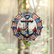 Patriotic Anchor Window Hanging – USA Flag Acrylic Suncatcher – Nautical 4th of July Decor – Holographic Anchor Ornament Gift