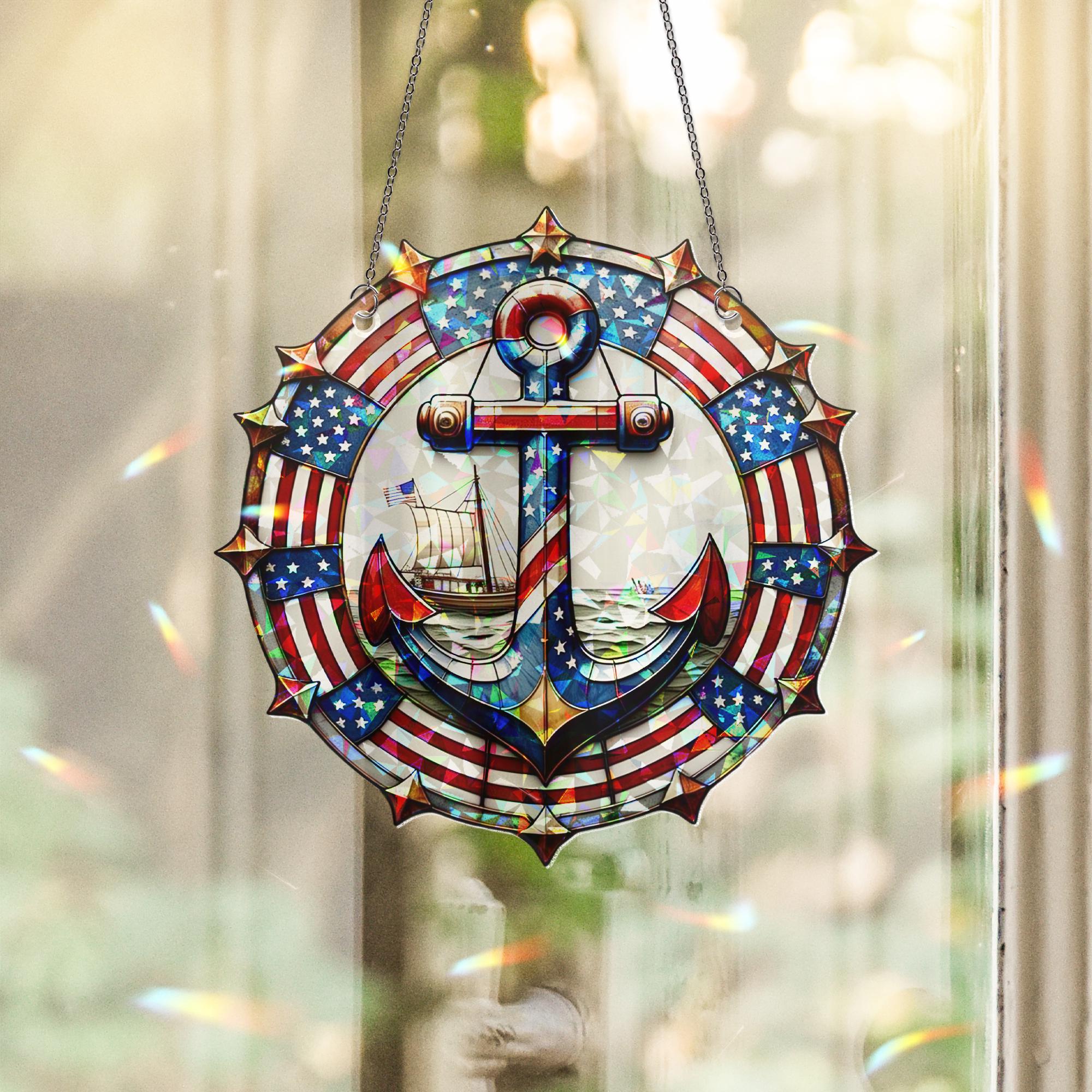Patriotic Anchor Window Hanging – USA Flag Acrylic Suncatcher – Nautical 4th of July Decor – Holographic Anchor Ornament Gift