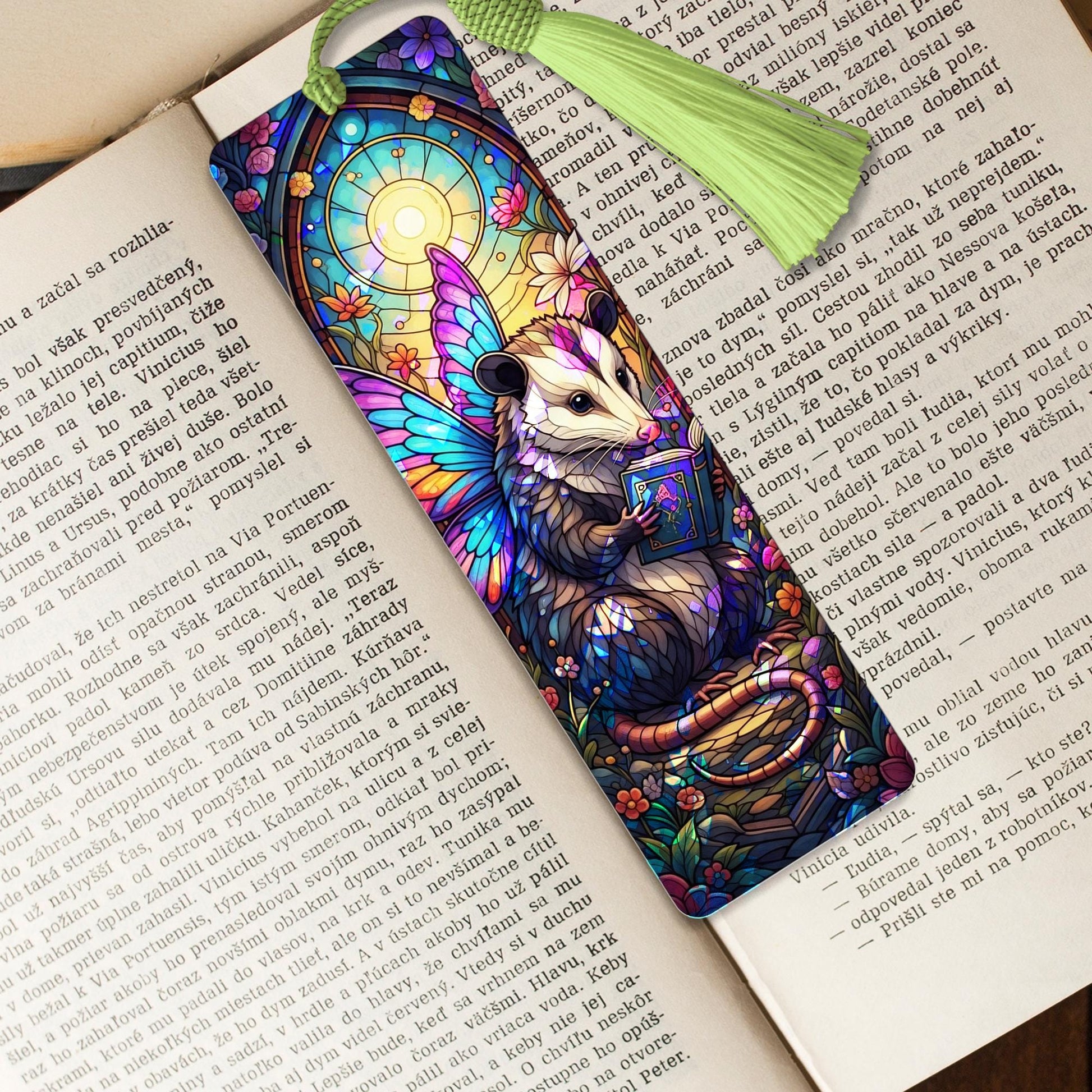 Holographic Fairy Opossum Bookmark – Faux Stained Glass Acrylic Bookmark with Wings, Cute Book Lover Gift, Fantasy Animal Reading Accessory