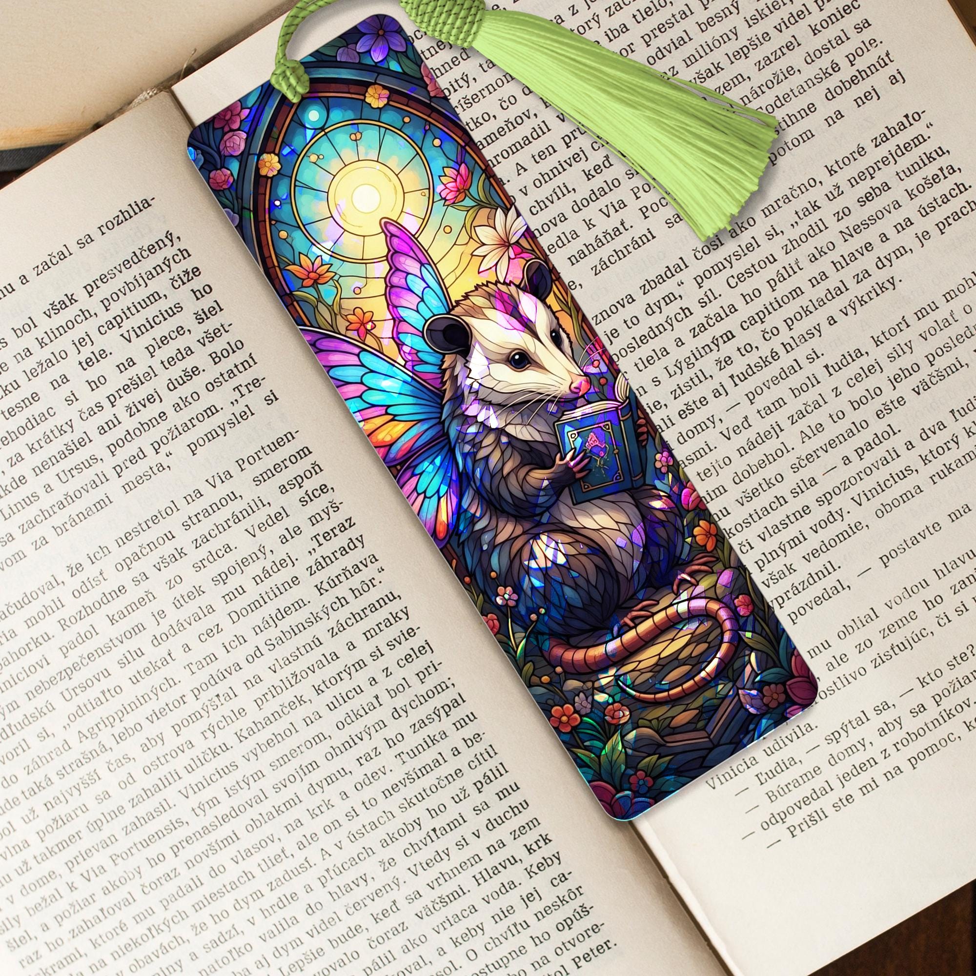Holographic Fairy Opossum Bookmark – Faux Stained Glass Acrylic Bookmark with Wings, Cute Book Lover Gift, Fantasy Animal Reading Accessory