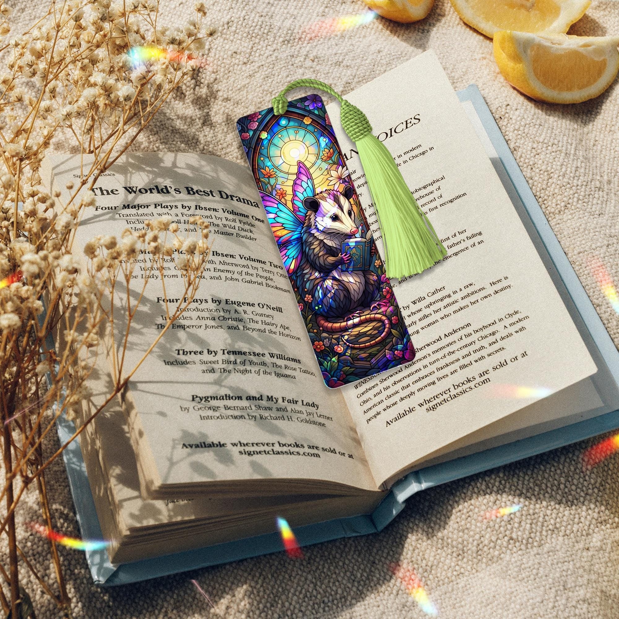Holographic Fairy Opossum Bookmark – Faux Stained Glass Acrylic Bookmark with Wings, Cute Book Lover Gift, Fantasy Animal Reading Accessory