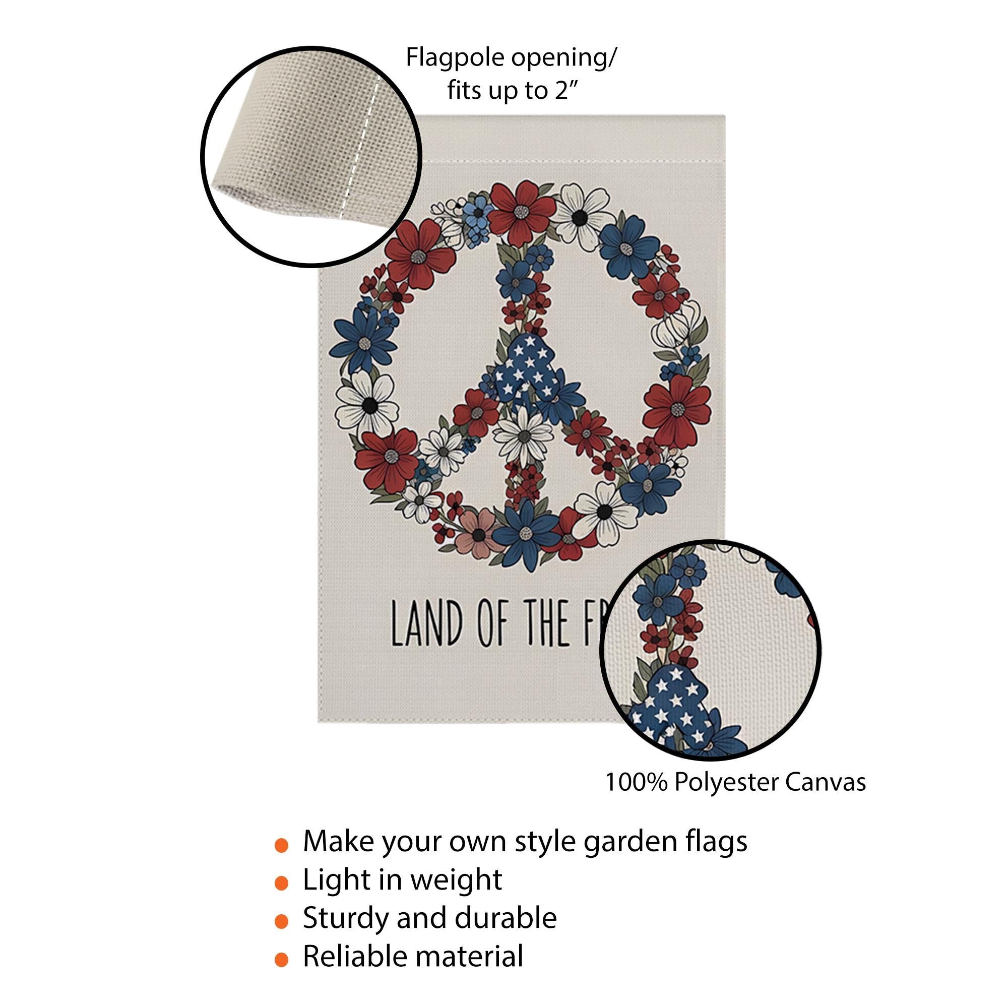 Land of the Free Garden Flag, Patriotic Peace Sign Floral Decor, 4th of July Yard Flag, Red White Blue Outdoor Decoration,Independence Day