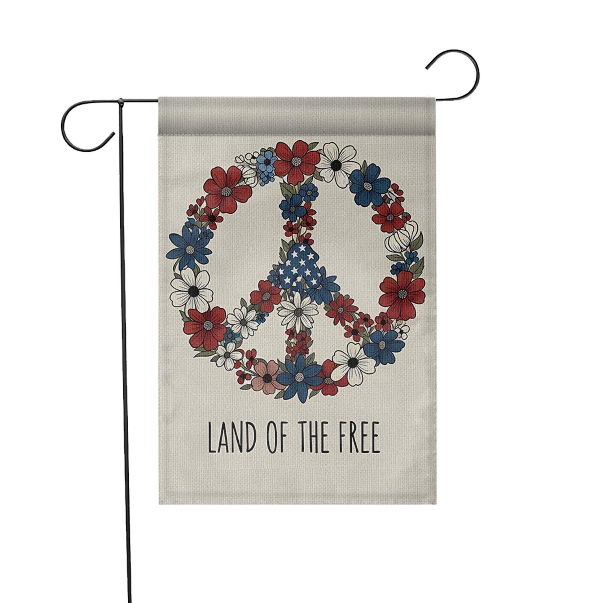 Land of the Free Garden Flag, Patriotic Peace Sign Floral Decor, 4th of July Yard Flag, Red White Blue Outdoor Decoration,Independence Day