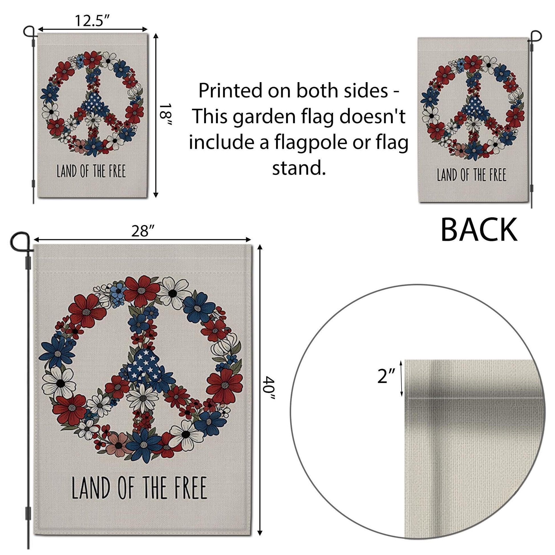 Land of the Free Garden Flag, Patriotic Peace Sign Floral Decor, 4th of July Yard Flag, Red White Blue Outdoor Decoration,Independence Day