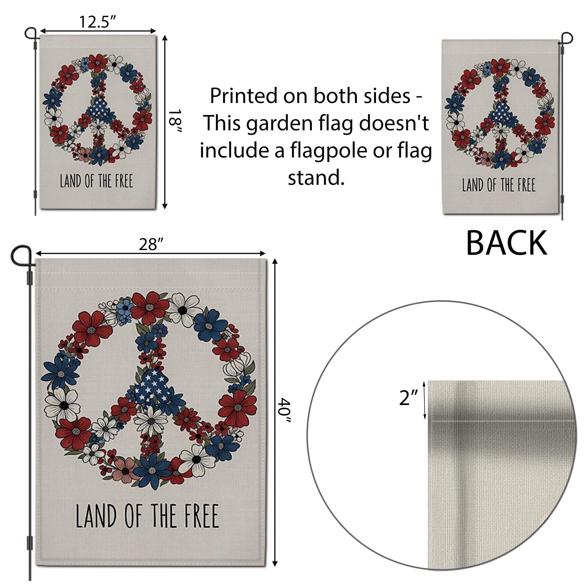Land of the Free Garden Flag, Patriotic Peace Sign Floral Decor, 4th of July Yard Flag, Red White Blue Outdoor Decoration,Independence Day