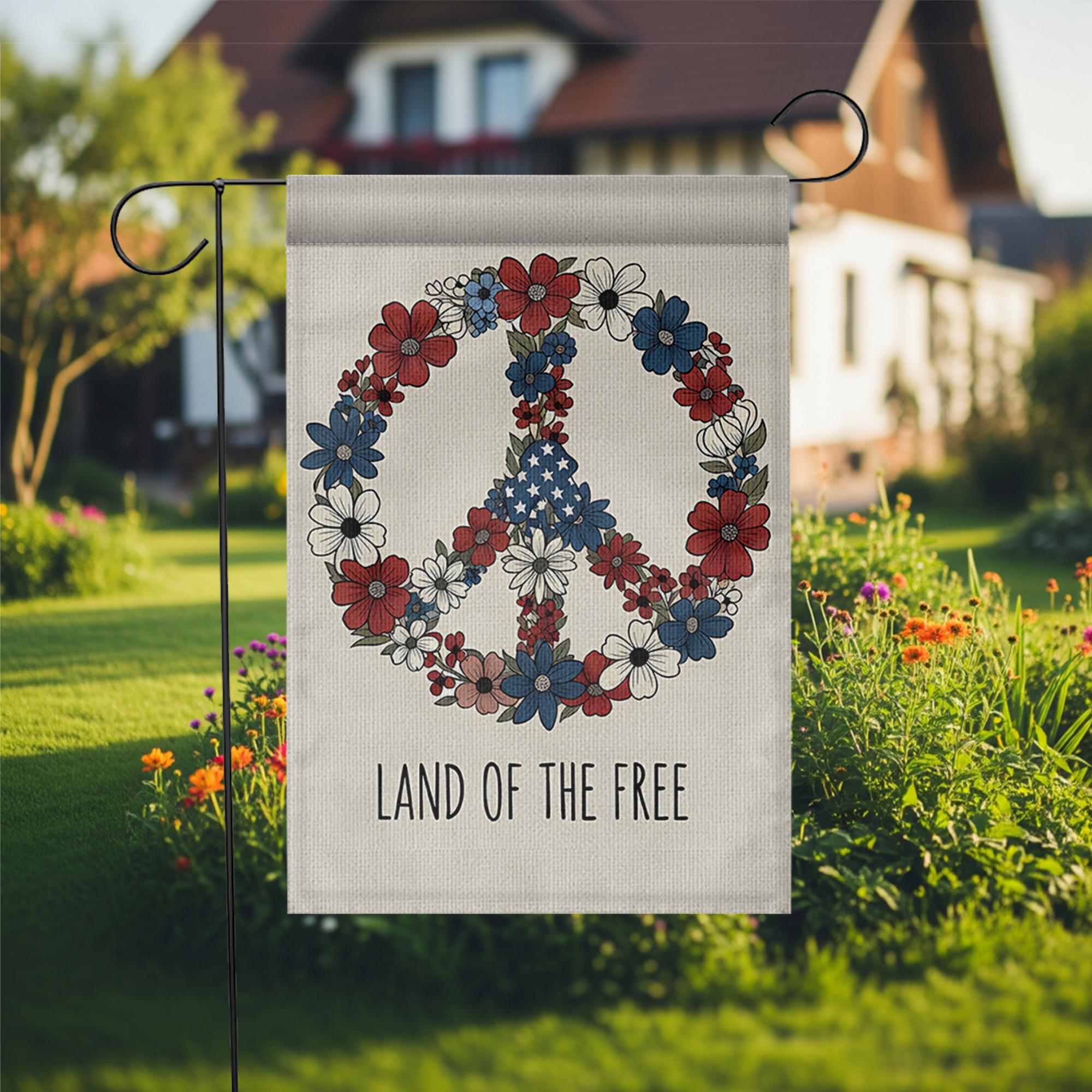 Land of the Free Garden Flag, Patriotic Peace Sign Floral Decor, 4th of July Yard Flag, Red White Blue Outdoor Decoration,Independence Day