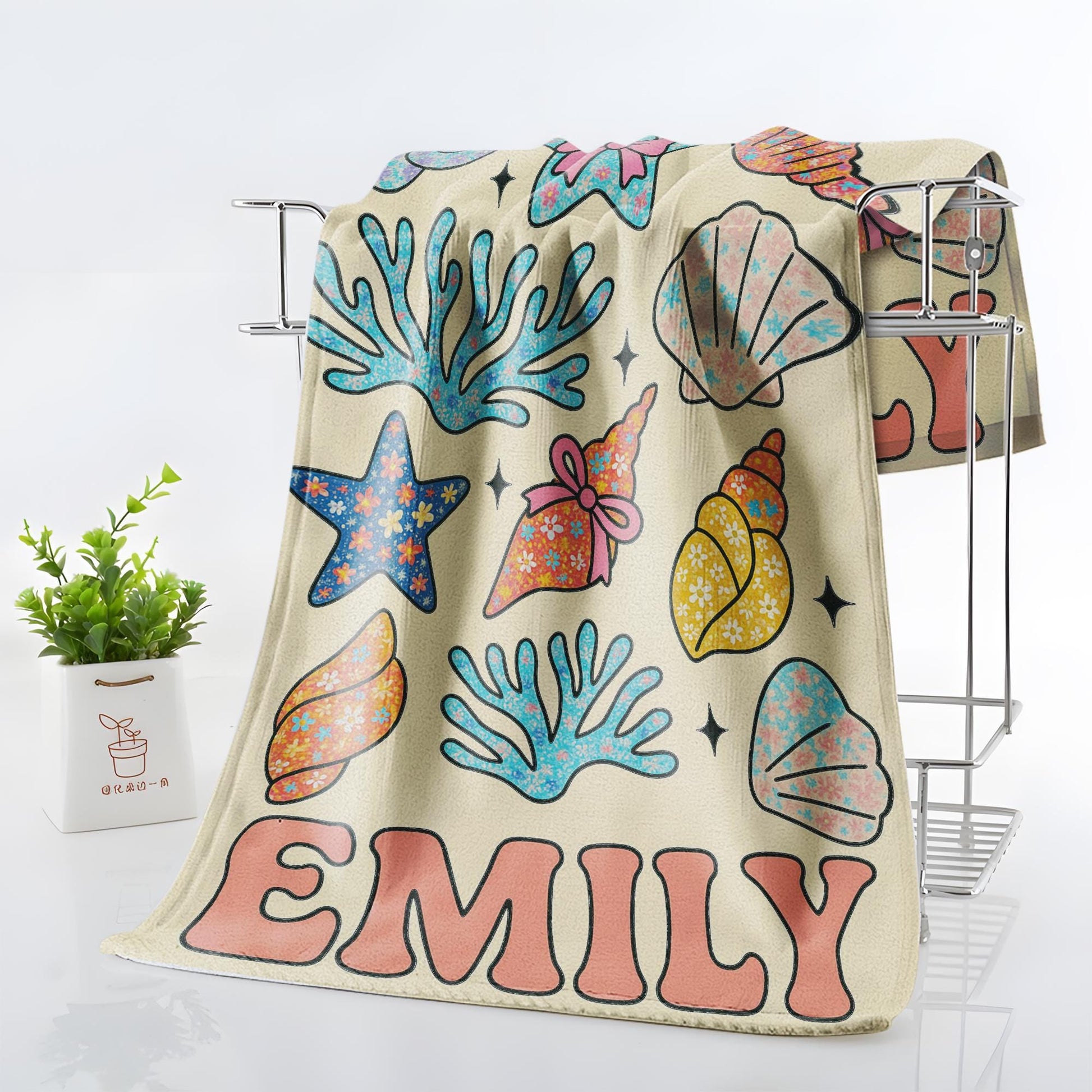 Custom Seashell Beach Towel – Personalized Floral Ocean Name Towel for Kids or Teens, Summer Gift, Cute Starfish & Coral Pool Towel
