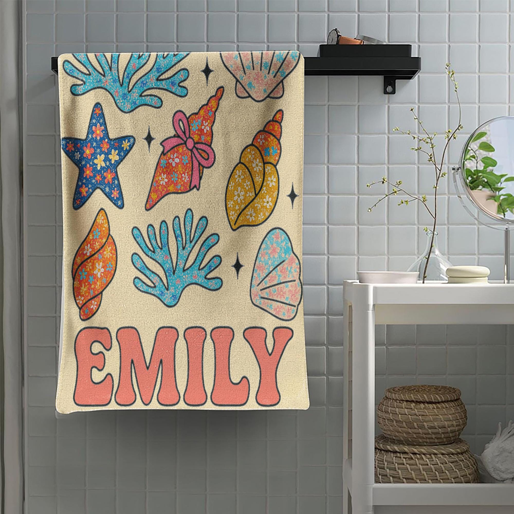 Custom Seashell Beach Towel – Personalized Floral Ocean Name Towel for Kids or Teens, Summer Gift, Cute Starfish & Coral Pool Towel