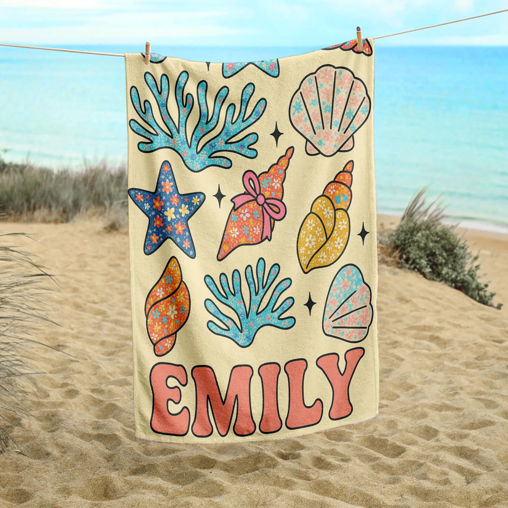 Custom Seashell Beach Towel – Personalized Floral Ocean Name Towel for Kids or Teens, Summer Gift, Cute Starfish & Coral Pool Towel