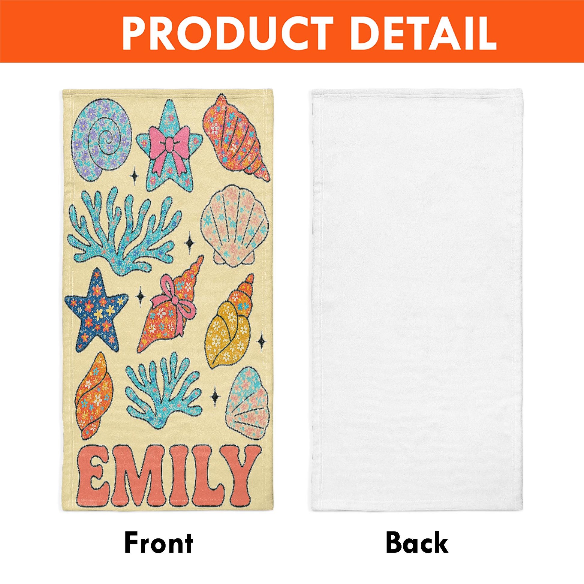 Custom Seashell Beach Towel – Personalized Floral Ocean Name Towel for Kids or Teens, Summer Gift, Cute Starfish & Coral Pool Towel