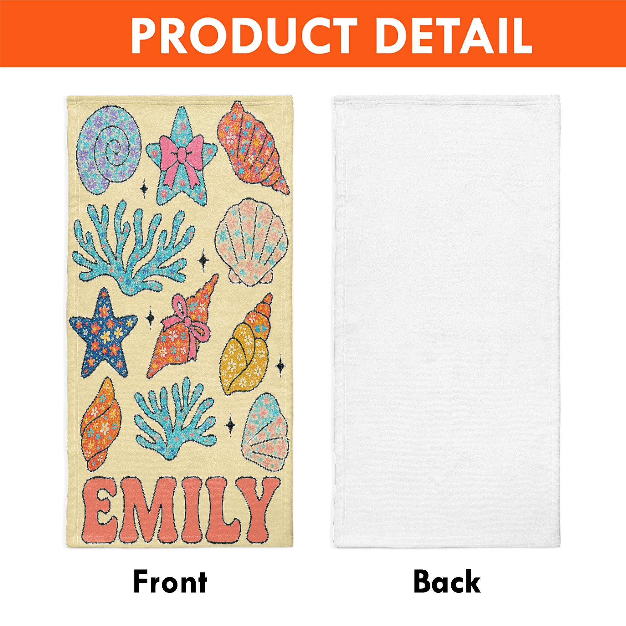 Custom Seashell Beach Towel – Personalized Floral Ocean Name Towel for Kids or Teens, Summer Gift, Cute Starfish & Coral Pool Towel