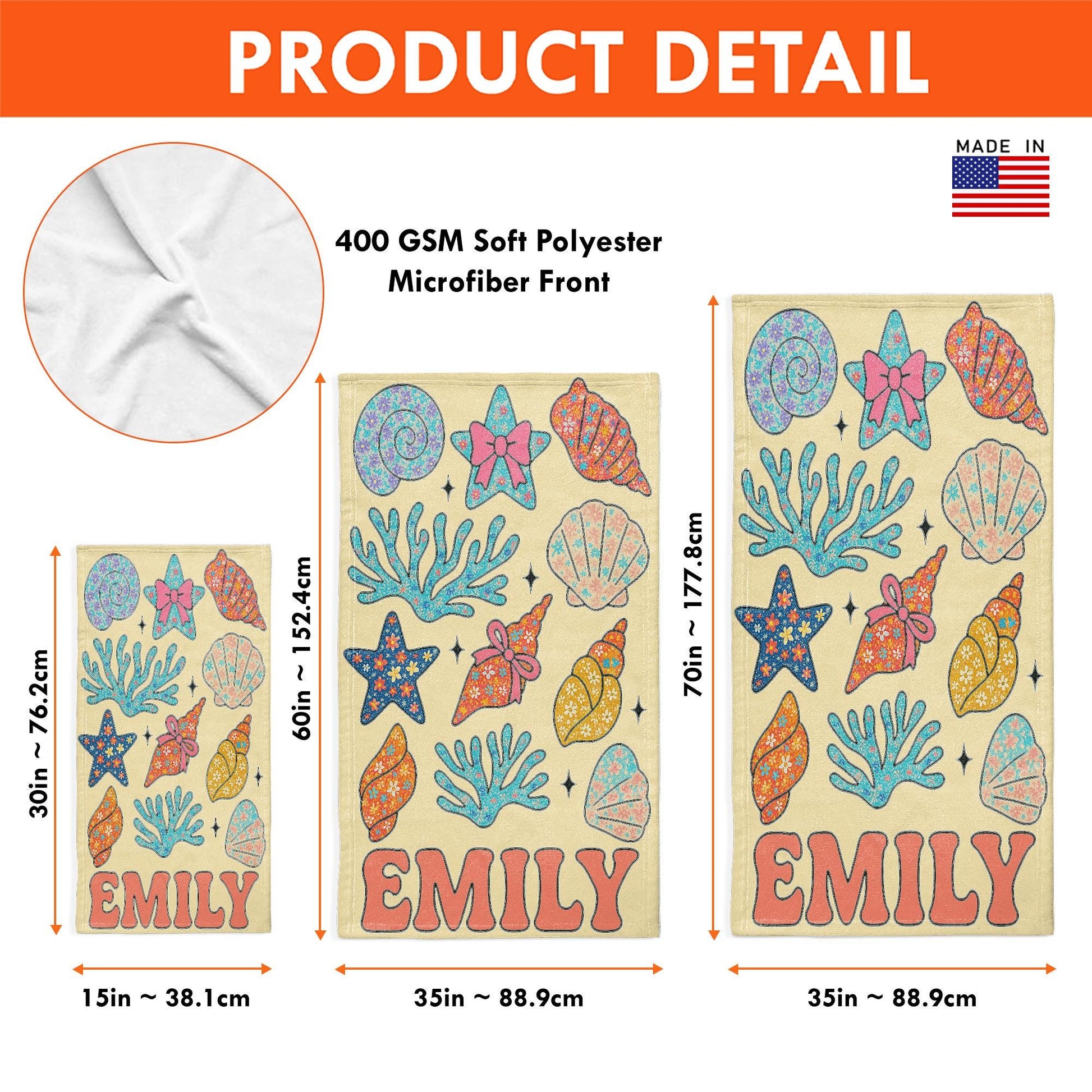 Custom Seashell Beach Towel – Personalized Floral Ocean Name Towel for Kids or Teens, Summer Gift, Cute Starfish & Coral Pool Towel