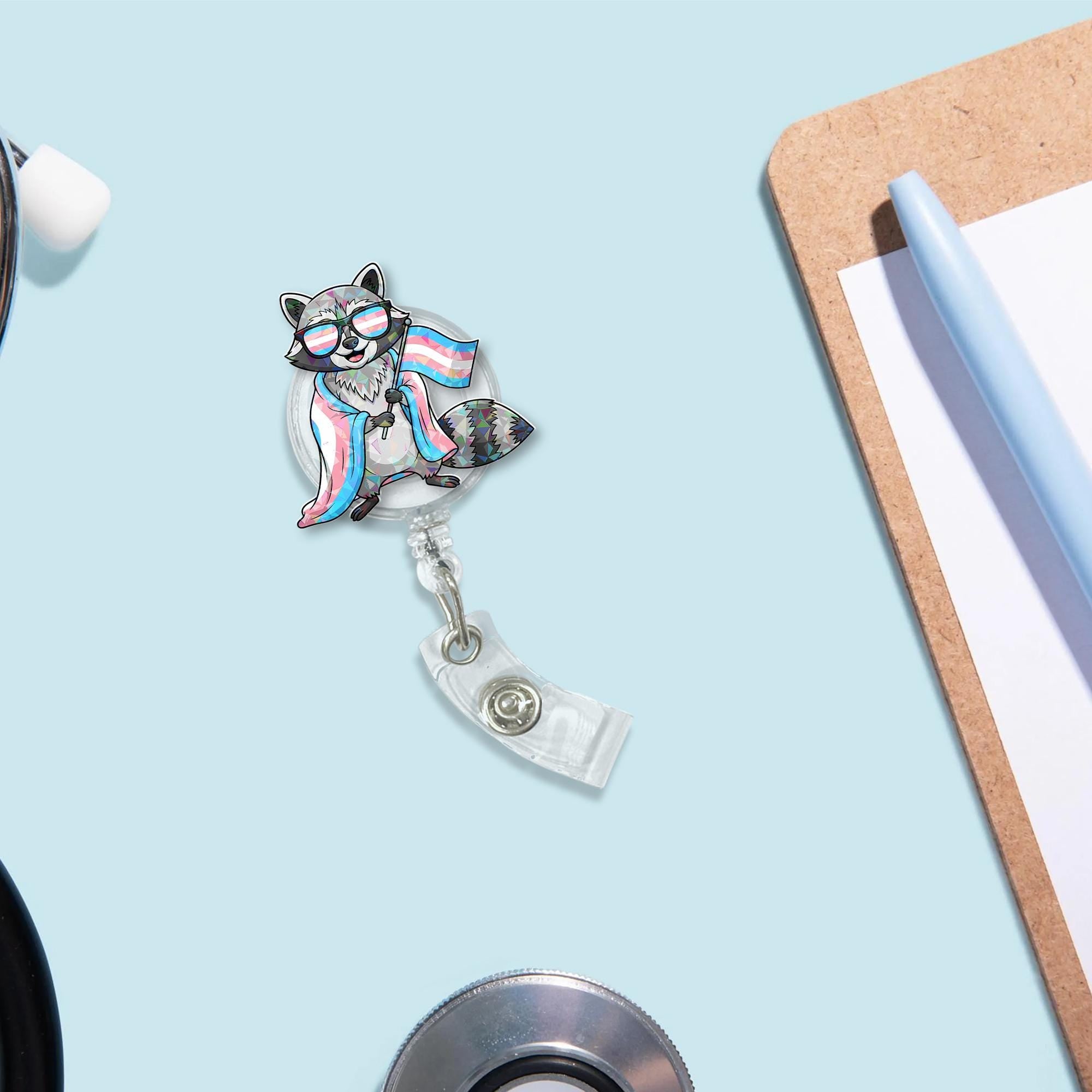 Trans Pride Raccoon Badge Reel – Cute LGBTQ ID Clip for Nurse or Teacher – Funny Inclusive Retractable Badge Holder