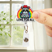 Love For All Raccoon Badge Reel – LGBTQ+ Pride Month Retractable ID Holder – Cute Rainbow Nurse Badge Clip for Work & Allies