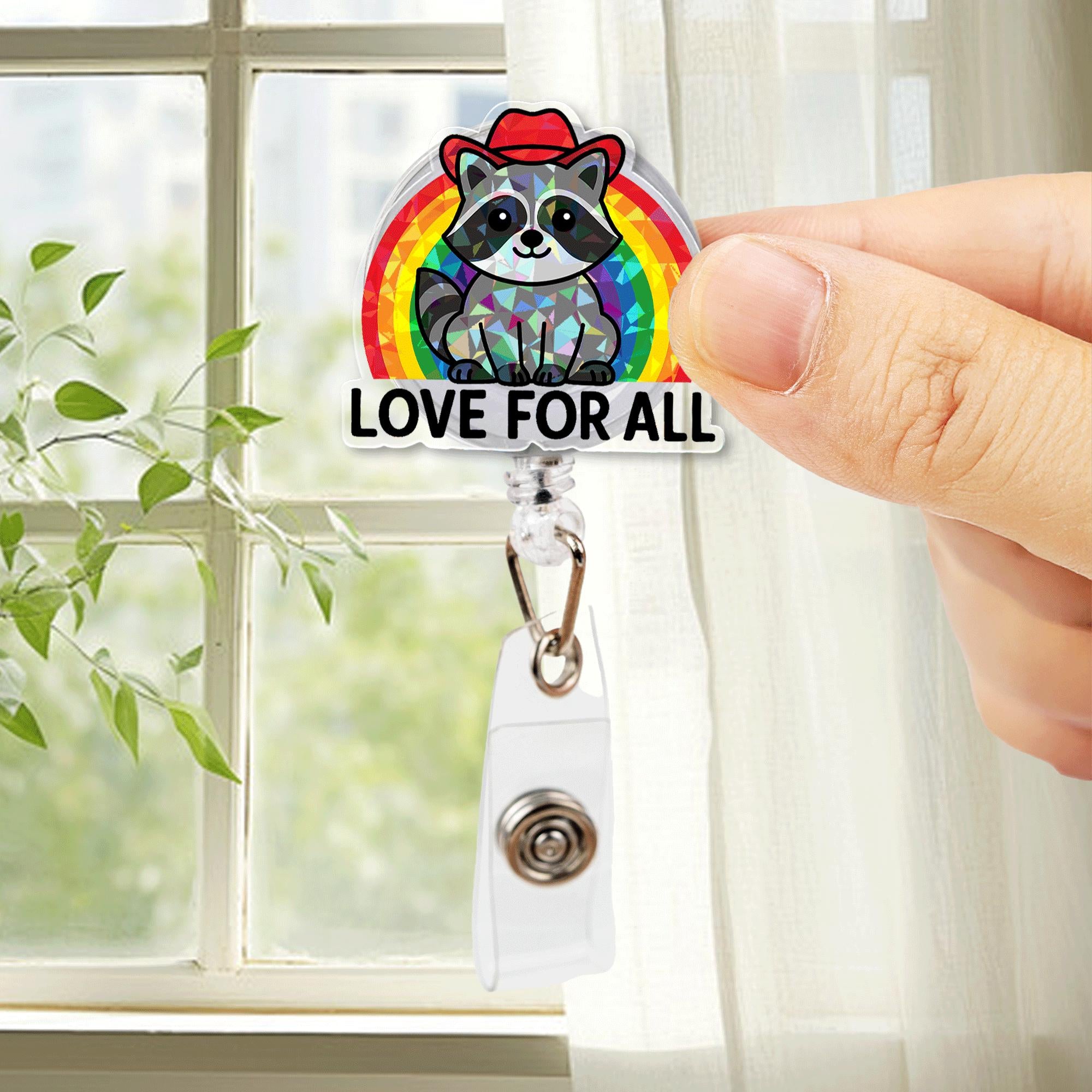 Love For All Raccoon Badge Reel – LGBTQ+ Pride Month Retractable ID Holder – Cute Rainbow Nurse Badge Clip for Work & Allies