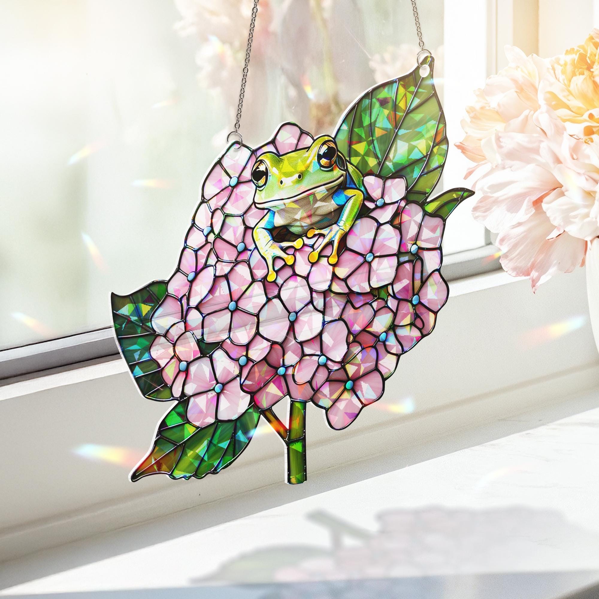 Frog & Hydrangea Hologram Acrylic Window Hanging – Nature-Inspired Decor – Mother’s Day Gift – Flower Lover Art – Whimsical Wall Decor