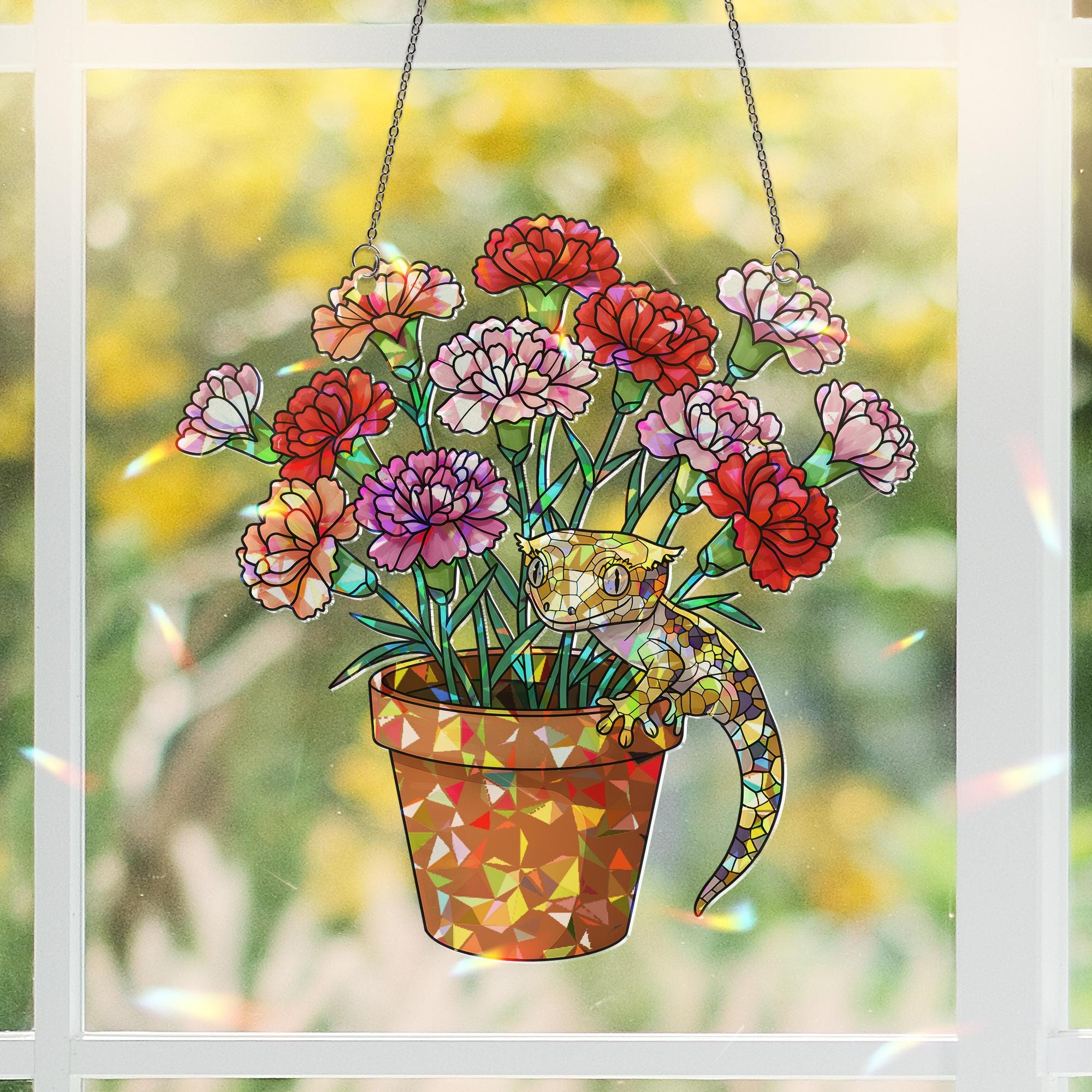 Carnation & Gecko Hologram Acrylic Window Hanging – Floral Lizard Decor – Mother’s Day Gift – Flower Lover Art – Botanical Reptile Gift